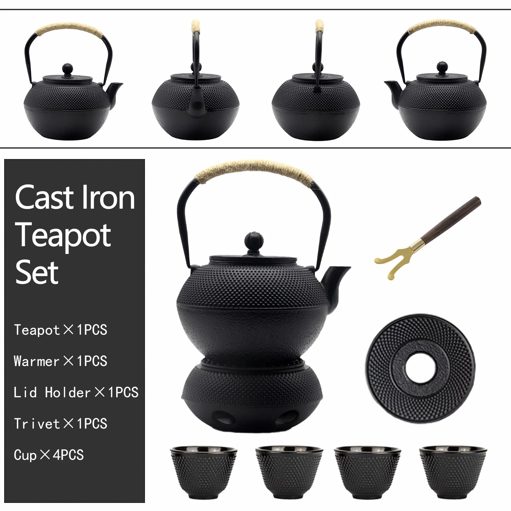 Juego de tetera de hierro fundido con calentador de hierro fundido, juego de tetera japonesa Tetsubin con tazas, tetera de hierro fundido con infusor de acero inoxidable e interior esmaltado (juego de