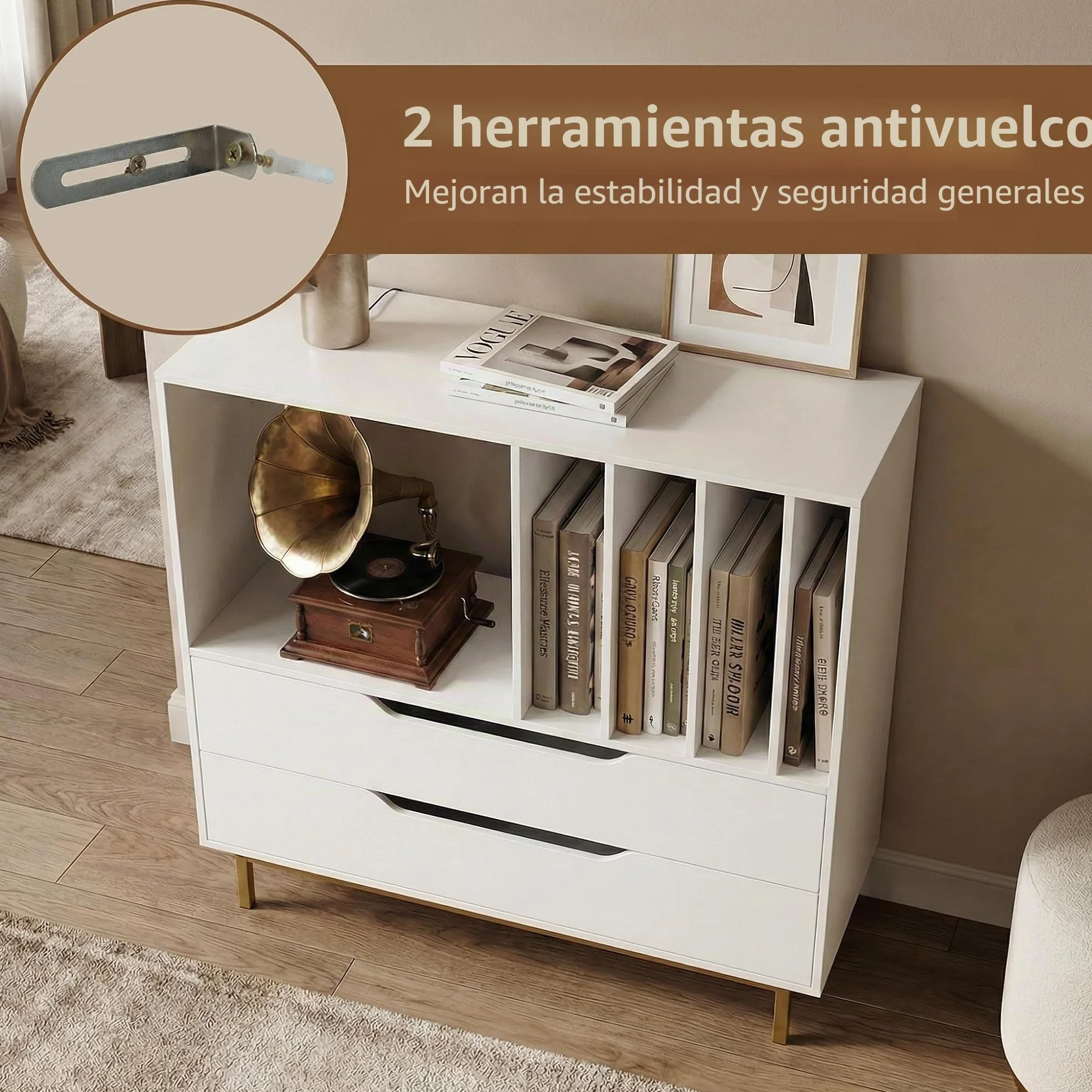 KOMFOTTEU Mueble para Tocadiscos con Compartimento Abierto y 2 Cajones, Soporte de Discos de Vinilo con Patas de Metal, Expositor para Discos para Dormitorio, Salón, Estudio, 91 x 36 x 87 cm (Blanco)