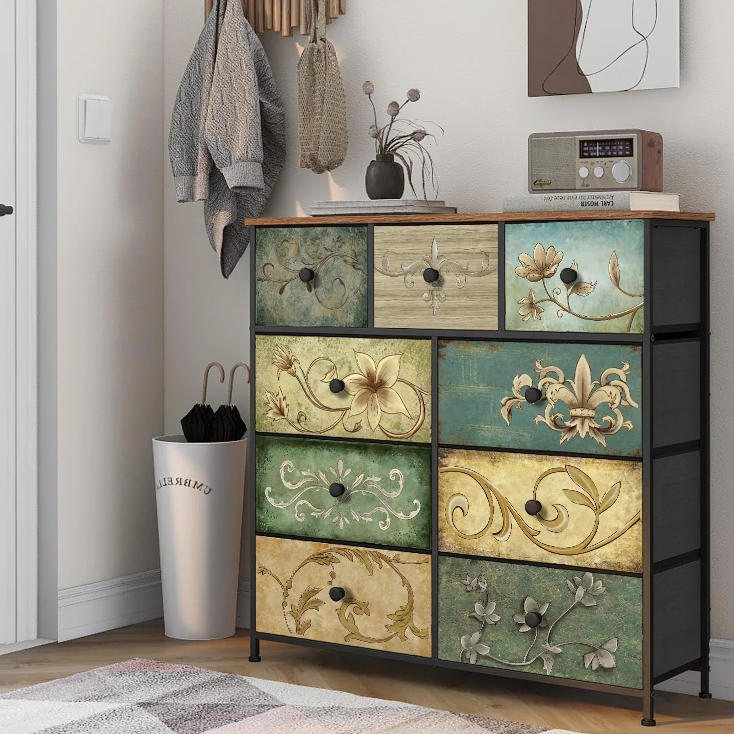 VEDECASA Cómoda con 9 cajones, cómoda para dormitorio, cajonera industrial con estructura metálica, superficie de madera y cajones de tela, para salón, habitación infantil, pasillo, estilo rústico