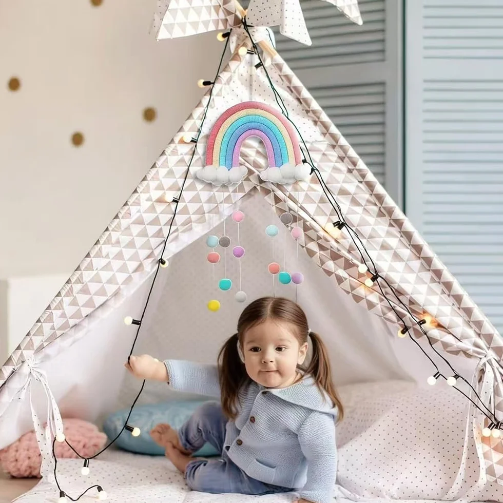 Macramé Decoración de Pared Nubes Arcoíris Pompones Boho para Niños Habitación Infantil