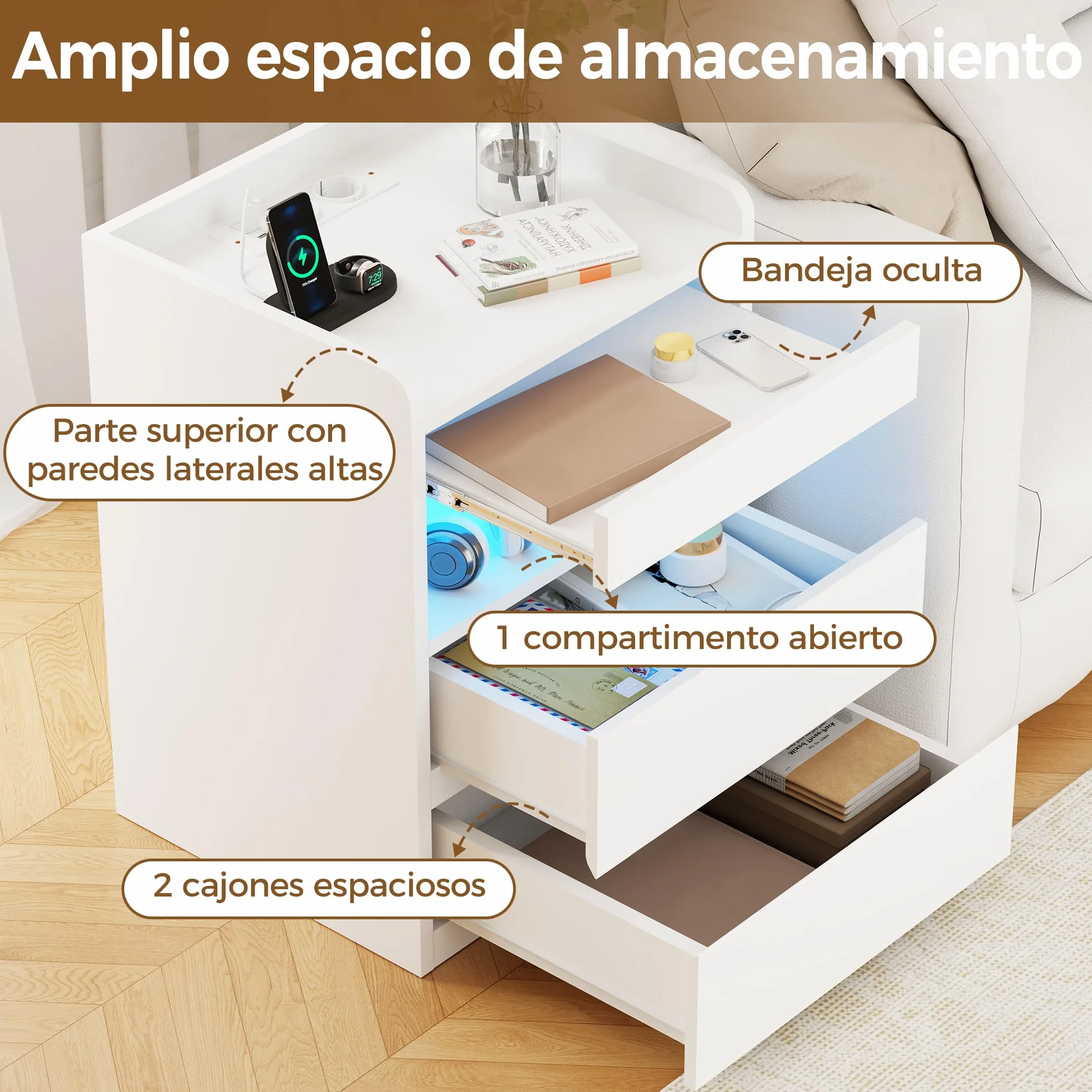 BEWISHOME Juego de 2 Mesitas de Noche,con Compartimento Oculto,con Luces LED y Estación de Carga Mesas Auxiliares(2 Tomas AC 2 Puertos USB),para Salón,Dormitorio (Blanco) EFCG02W