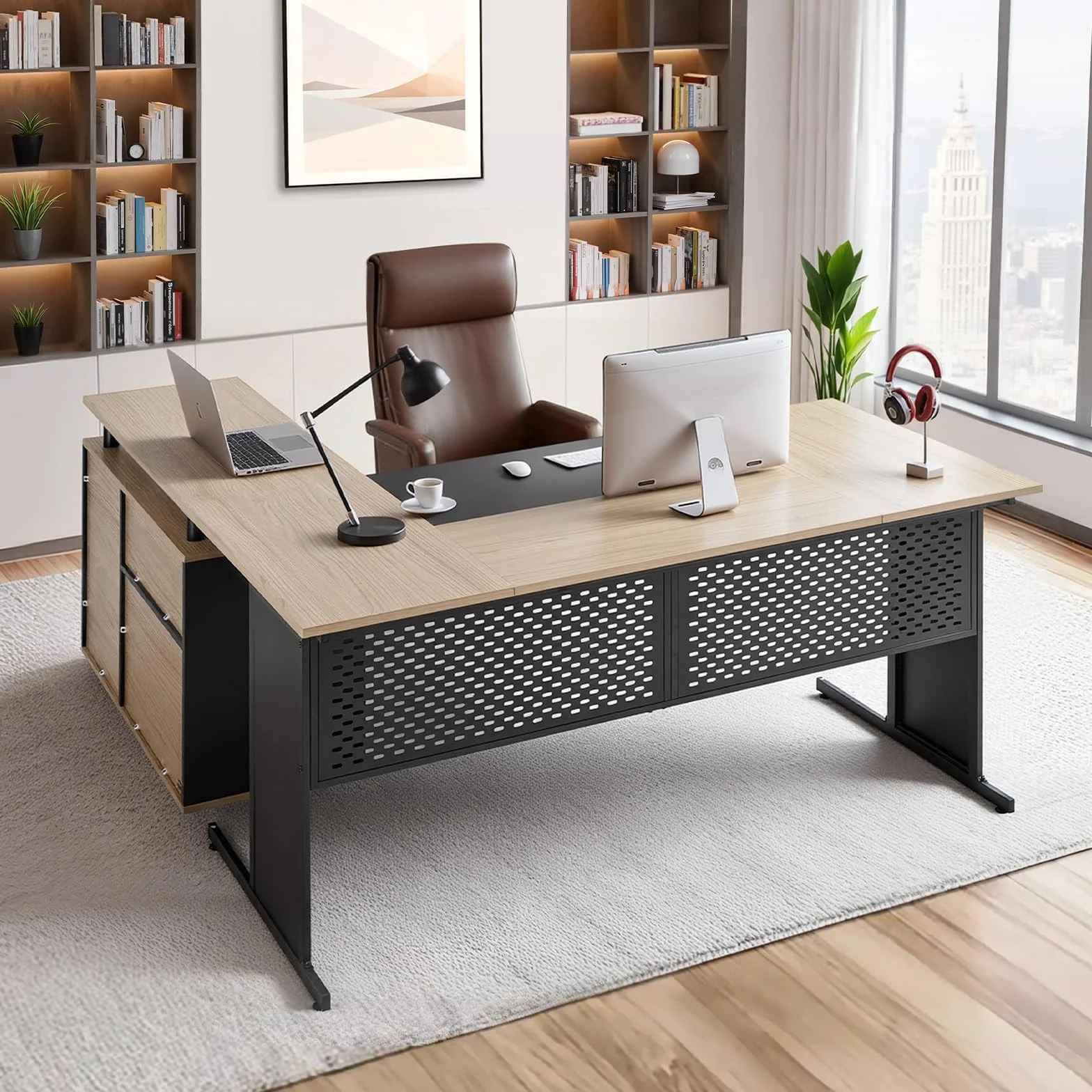 VEVOR Escritorio Ejecutivo Grande en Forma de L, con Cajones y Armario, Reversible, Fabricado en Hierro y Madera, Soporta hasta 158,7 kg, Ideal para Trabajar, Estudiar y Escribir, Madera y Negro