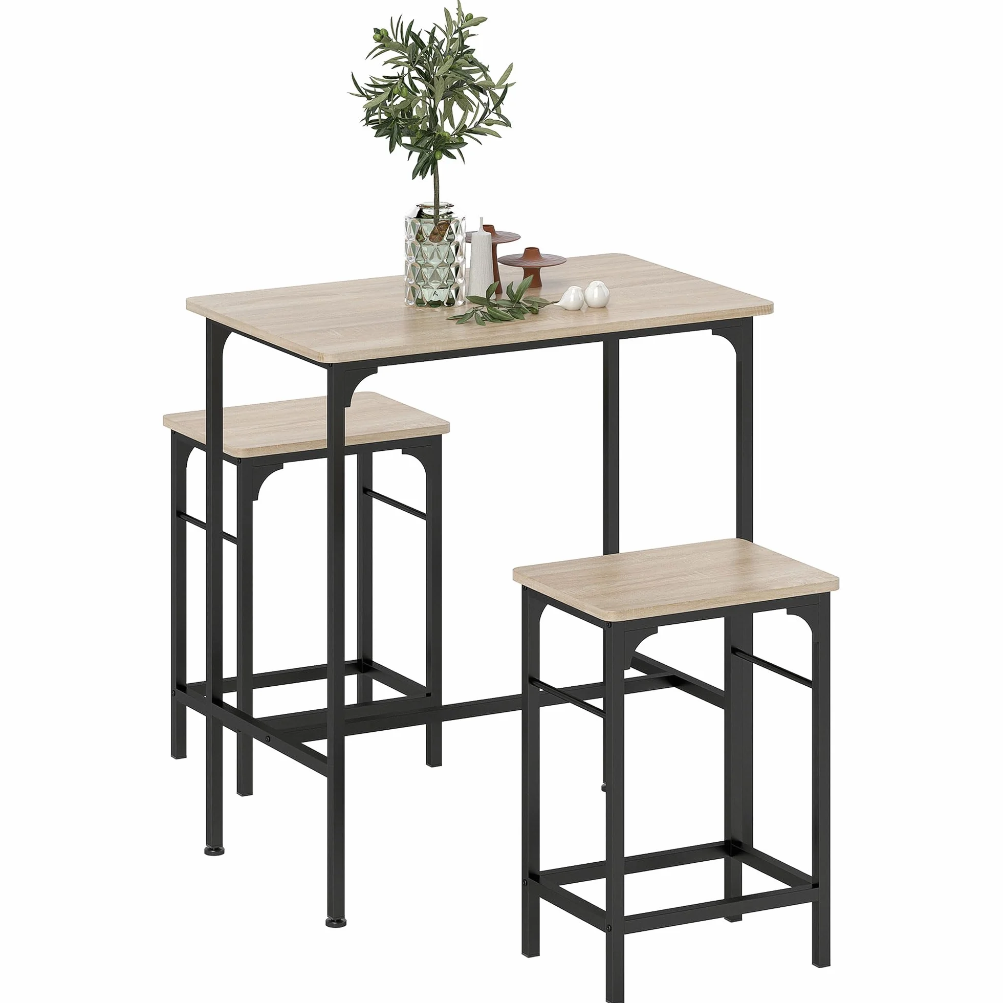 HOMCOM Conjunto de Mesa de Bar con 2 Taburetes, Marco de Acero, Efecto Madera Natural para Cocina y Comedor