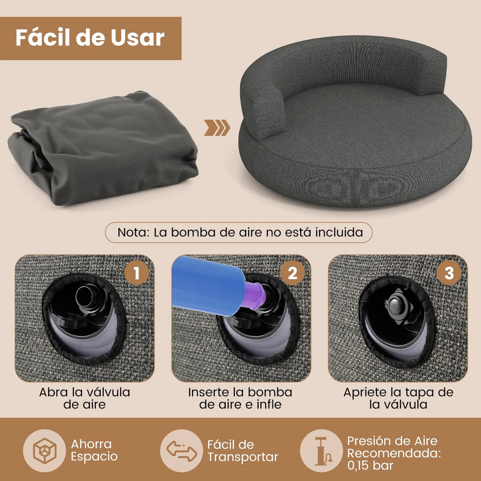 COSTWAY Sofá Hinchable XL, 160 x 164 x 61,5 cm, Sofá Cama Redonda Inflable con Funda Desmontable, Zona Espaciosa y Reposabrazos Amplios, Sillón Hinchable para Salón, Dormitorio, Oficina (Gris)