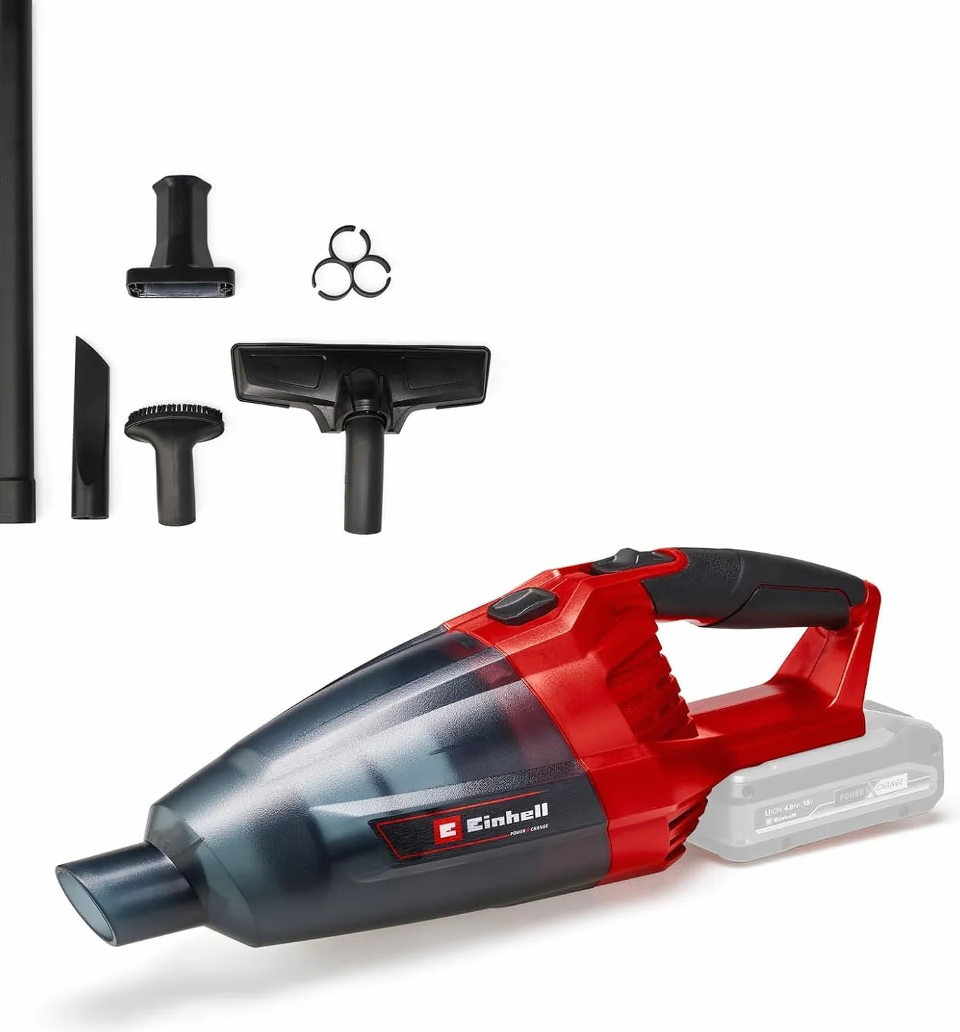 Einhell Aspiradora Manual sin Cable TE-VC 18 Li-Solo Power X-Change (Iones de Litio, contenedor de Polvo de 540 ml, Incl. 3 boquillas, extensión, Soporte de Pared, sin batería ni Cargador)