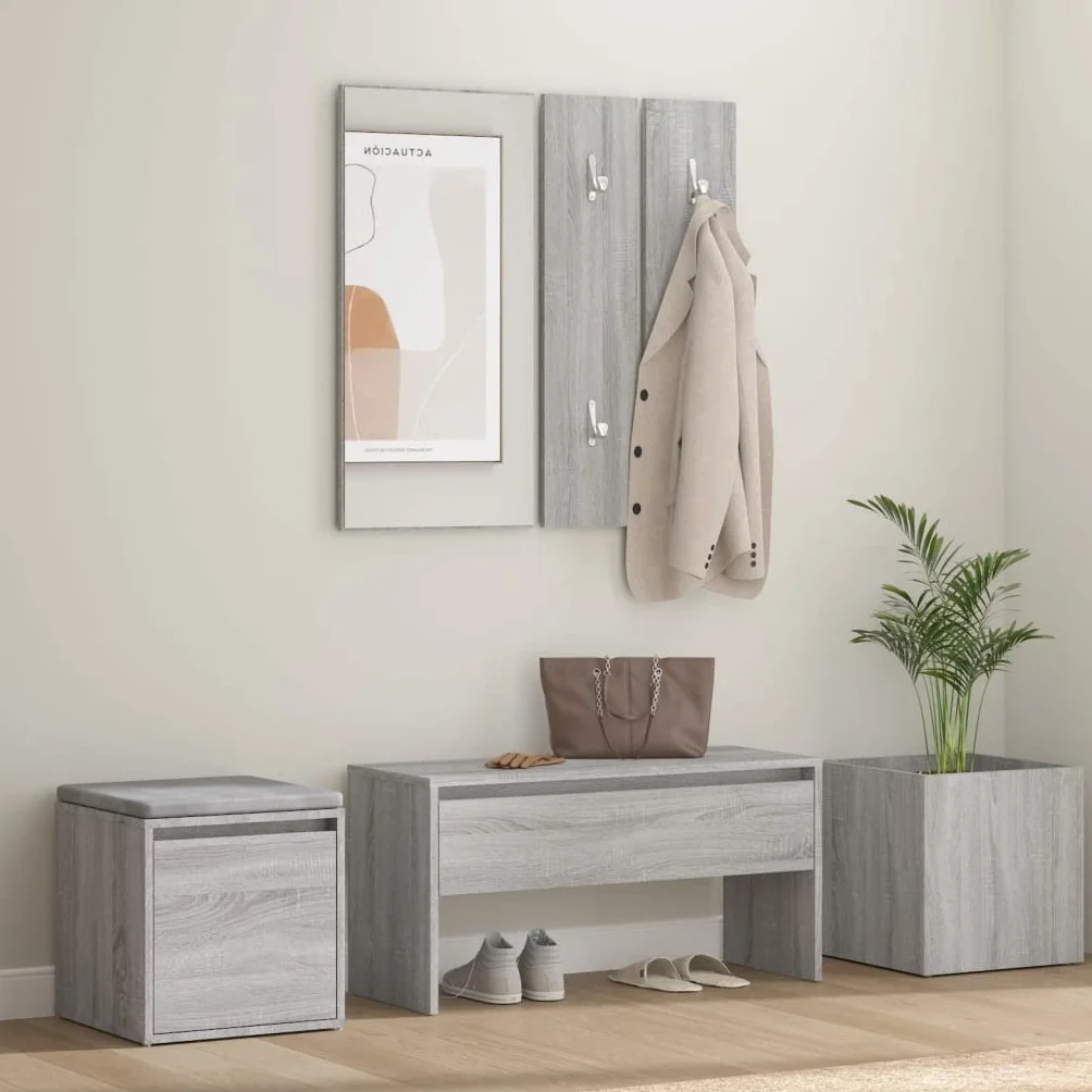 Juego de perchero Sonoma gris de madera con flurbank, espejo, caja de almacenamiento, jardinera y espacio de almacenamiento para pasillo, entrada, banco con cajón y compartimento organizador