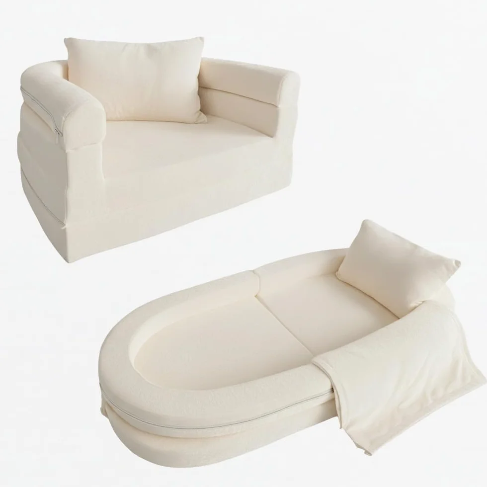 Wonder Space Sofá de espuma premontado para niños con manta y almohada, sofá convertible 3 en 1, silla de salón plegable para interiores y cama plegable para niños y niñas (marfil)