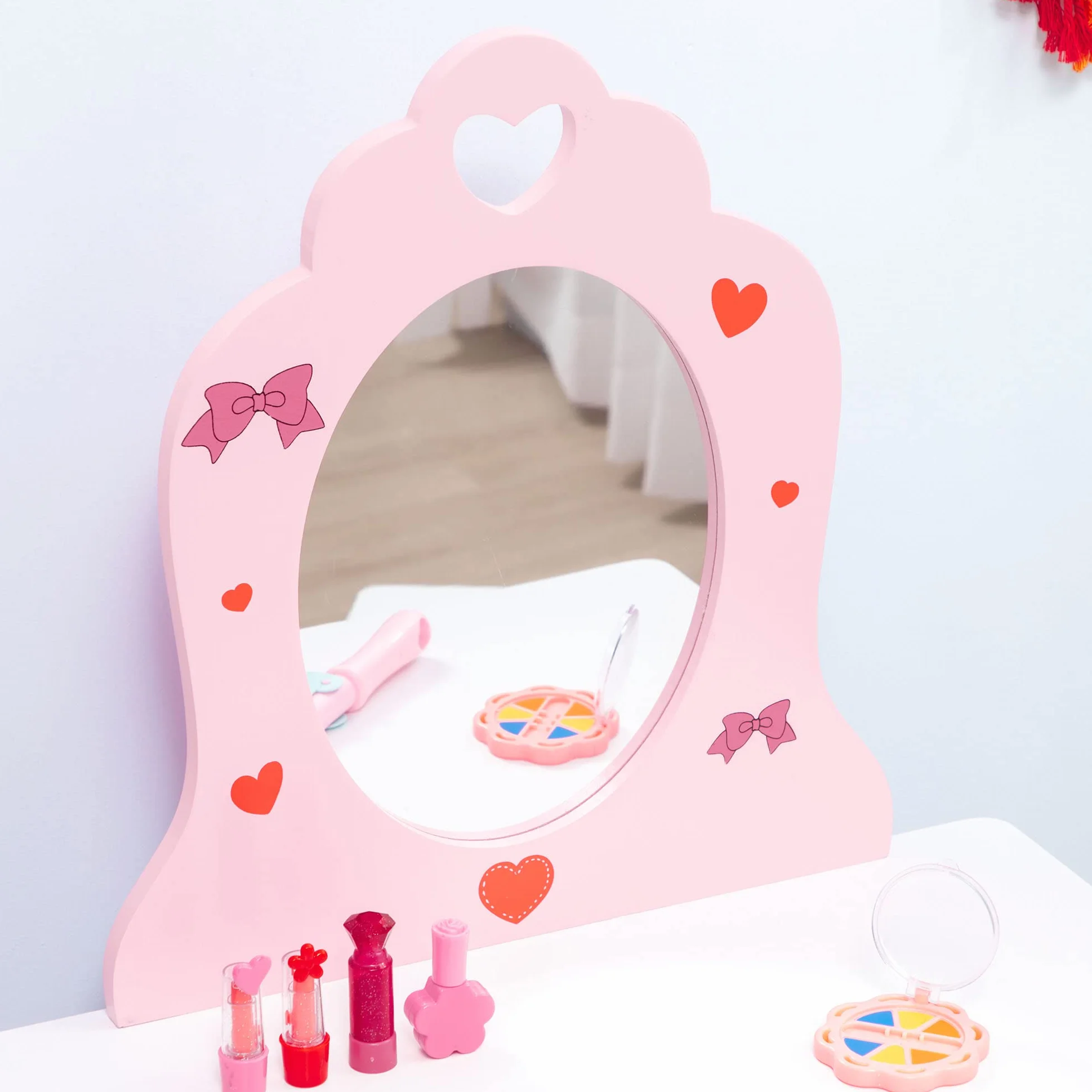 ZONEKIZ Tocador Infantil Madera con Espejo y Taburete para Niñas 3-6 Años 50x36,5x89,5 cm Rosa