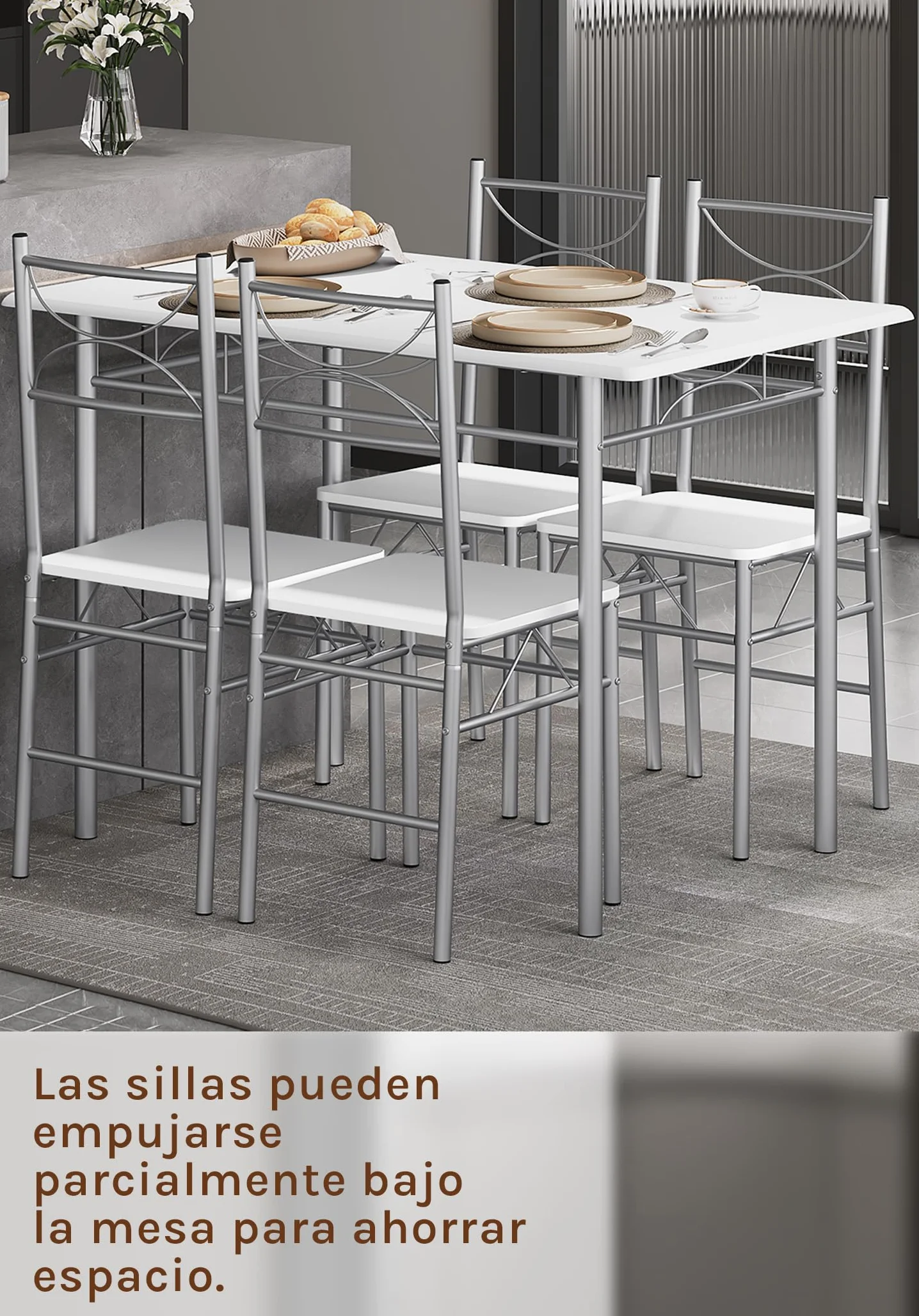 WOLTU Mesa y Sillas Comedor para 4 Personas, Mesa Cocina de Madera, Juego de Muebles de Comedor, Madera MDF y Metal, Blanco + Plata