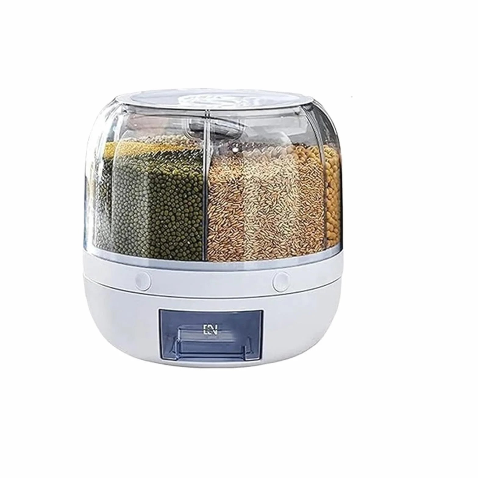 Contenedor dispensador de granos giratorio 360° de 6 compartimentos | Diseno de 6 compartimentos con salida de un toque, para arroz, granos y cereales secos, reutilizable