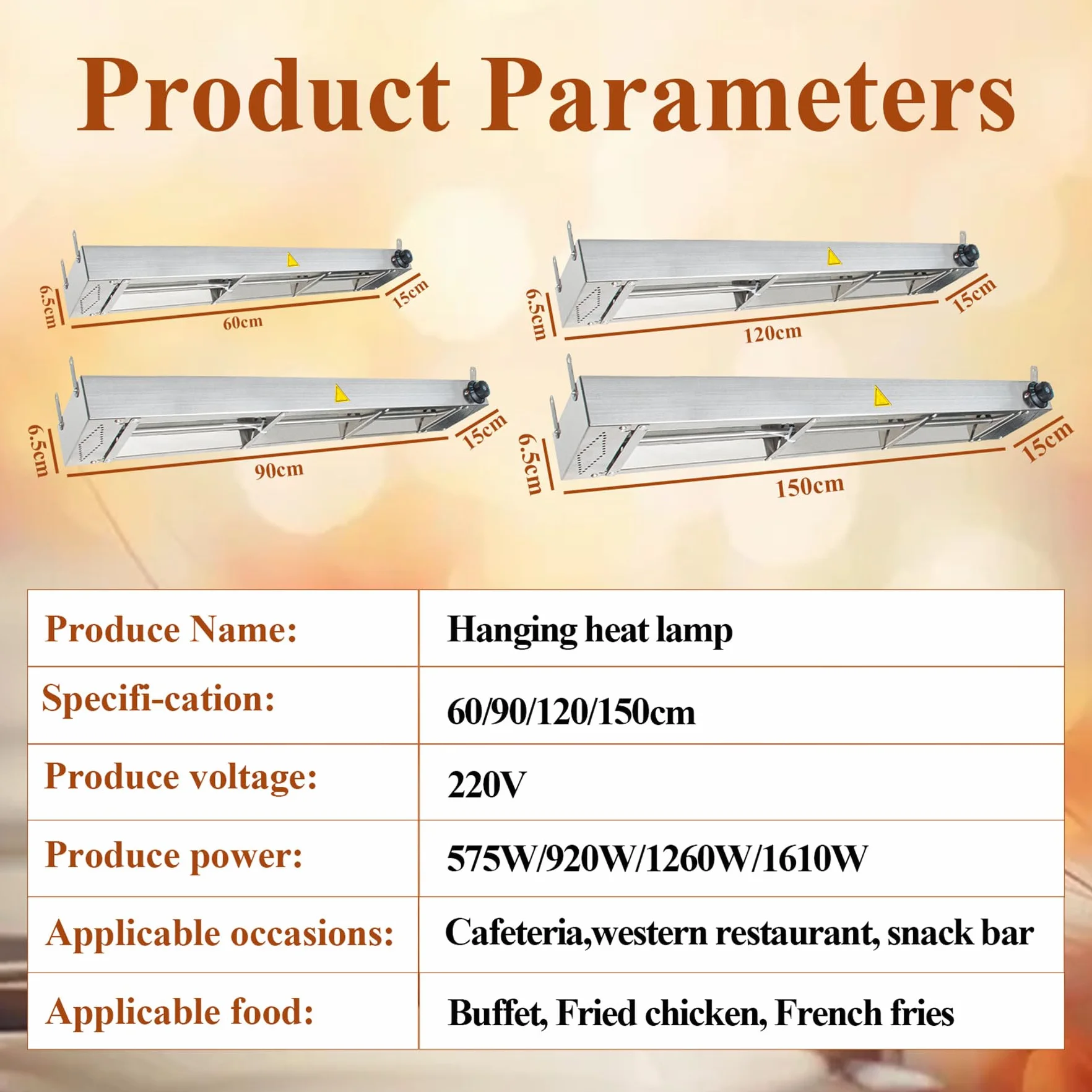 Lámpara de Calor de Alimentos Suspensión, Lámpara de Calentamiento Infrarrojo de Acero Inoxidable, Calentadores de Alimentos Comerciales para Cocina y Buffets, Temperatura Ajustable (1PC, 60cm)