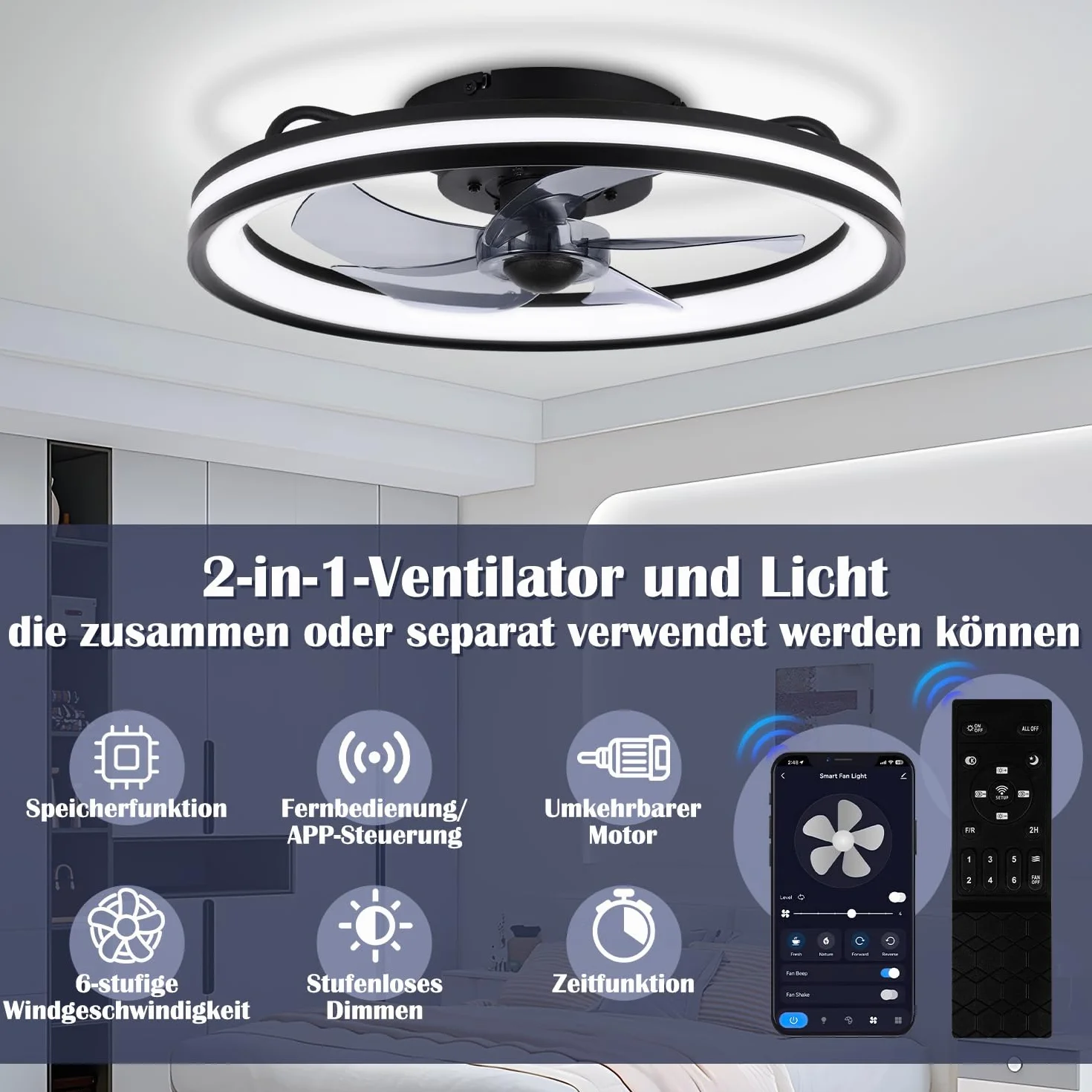 2 ventiladores de techo con iluminación y mando a distancia, diámetro de 48 cm, lámpara de techo con ventilador regulable, 3 temperaturas de color y 6 niveles, función verano/invierno, con