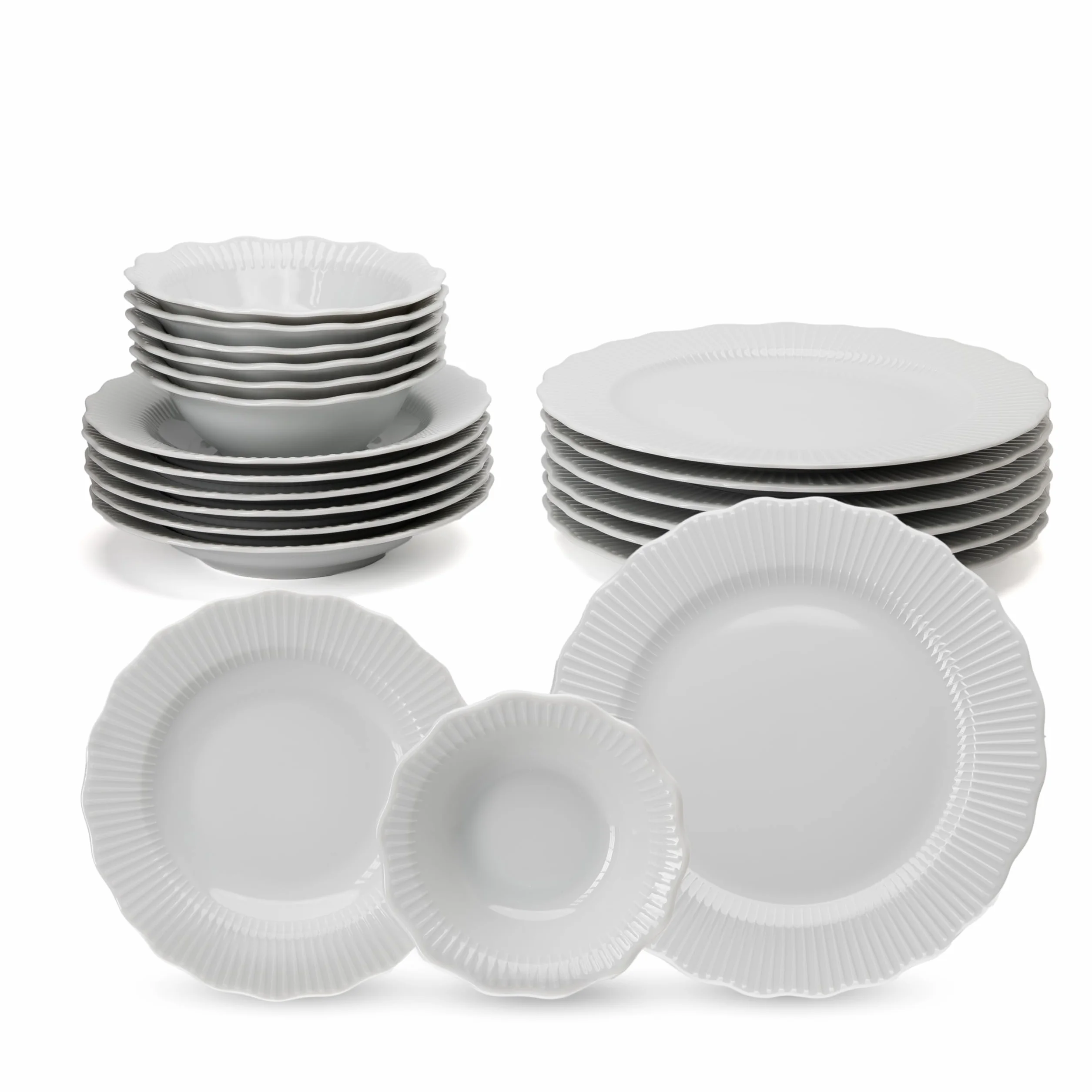 Vajilla de Porcelana blanca Porland Frilly - Vajilla de 18 Piezas Blanca– completa y elegante para 6 personas