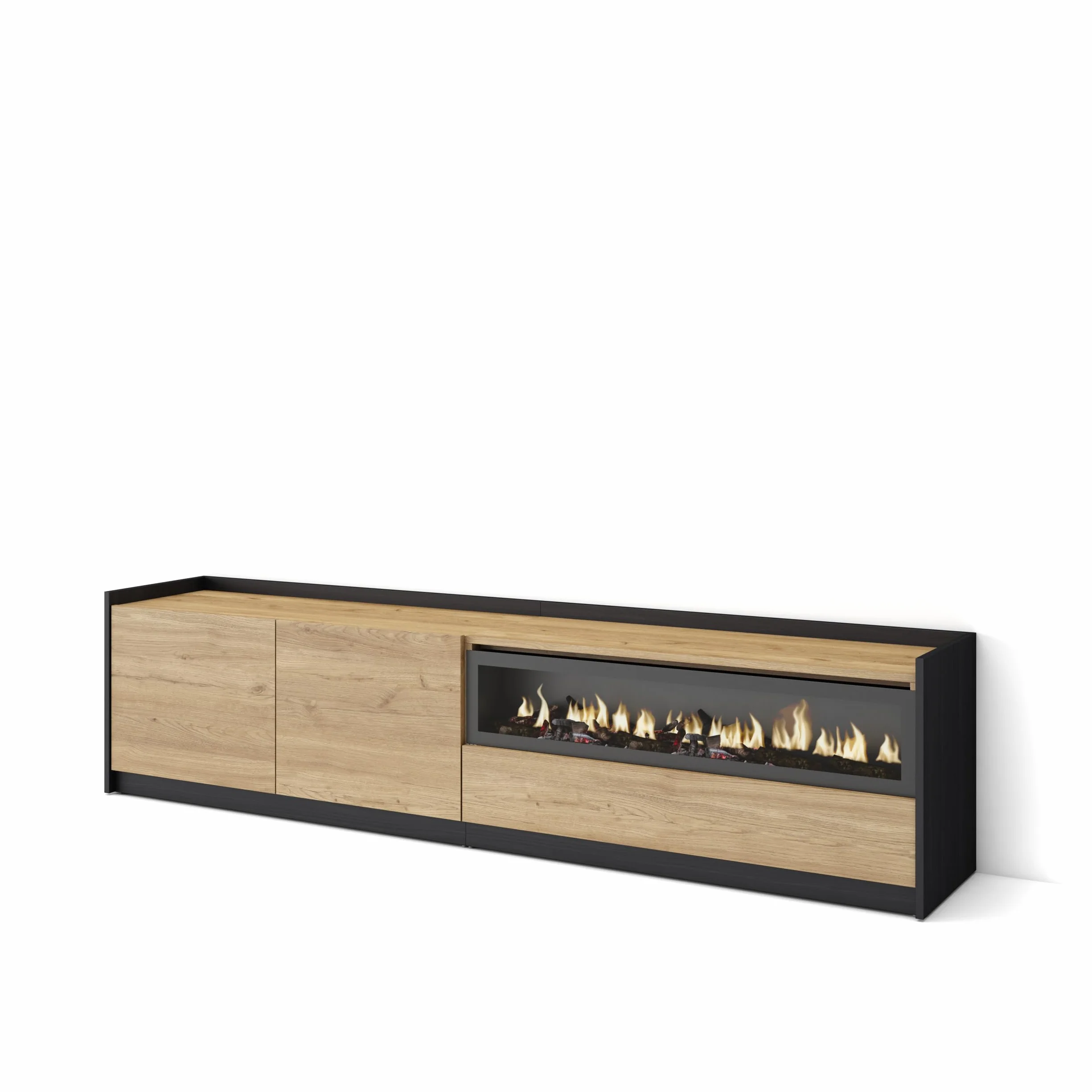 Skraut Home | Mueble TV | Muebles de salón, almacenaje | 207x50x37 cm | para televisión hasta 80" | Chimenea eléctrica | Estilo Moderno | Roble y Negro