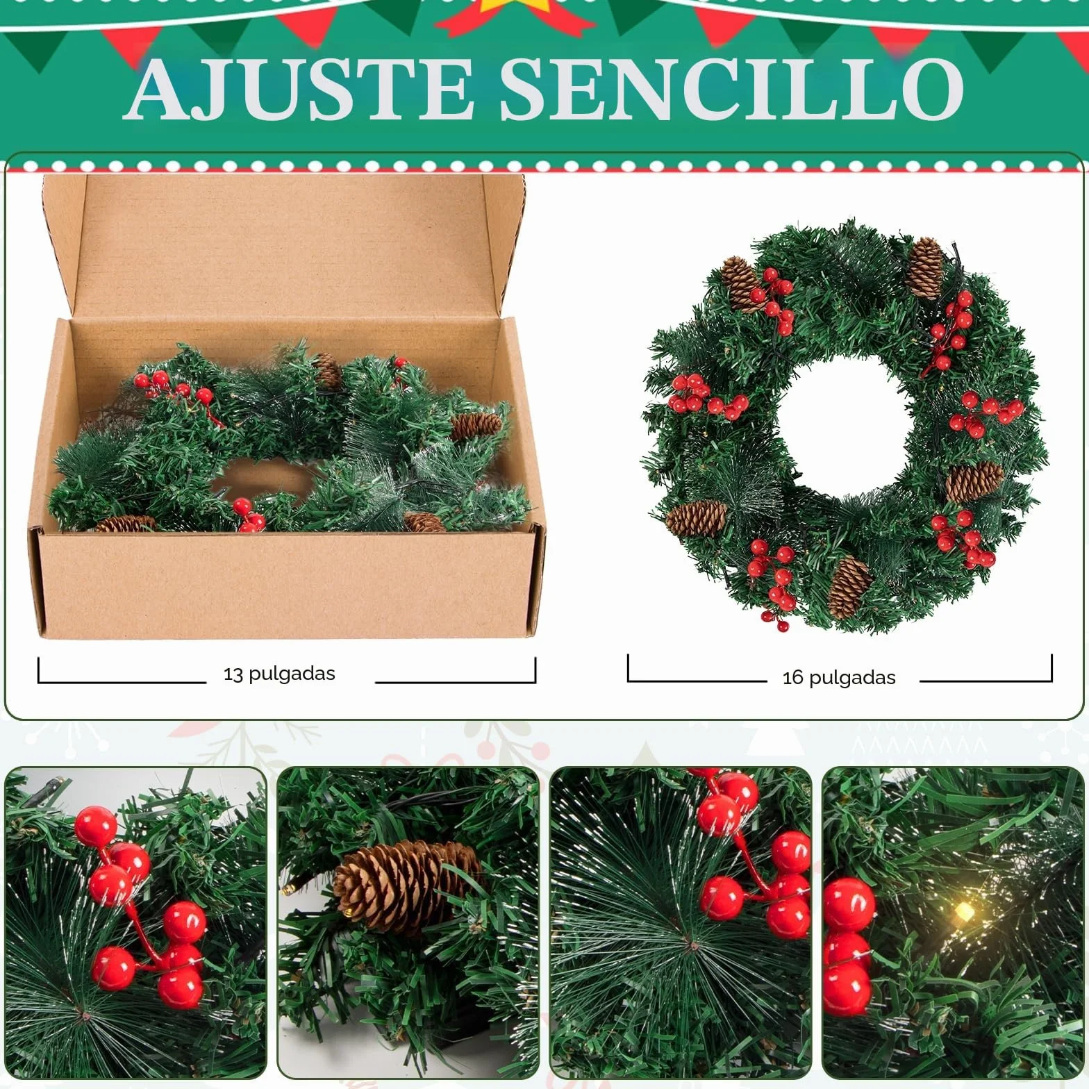 16in Corona Navidad Puerta Grande con 40LED Luces, Guirnalda Navidad Verde con piñas y Frutos Rojos, Artificial Corona Navideña Decoración Navidad para Puerta, Chimenea, Pared, Ventana