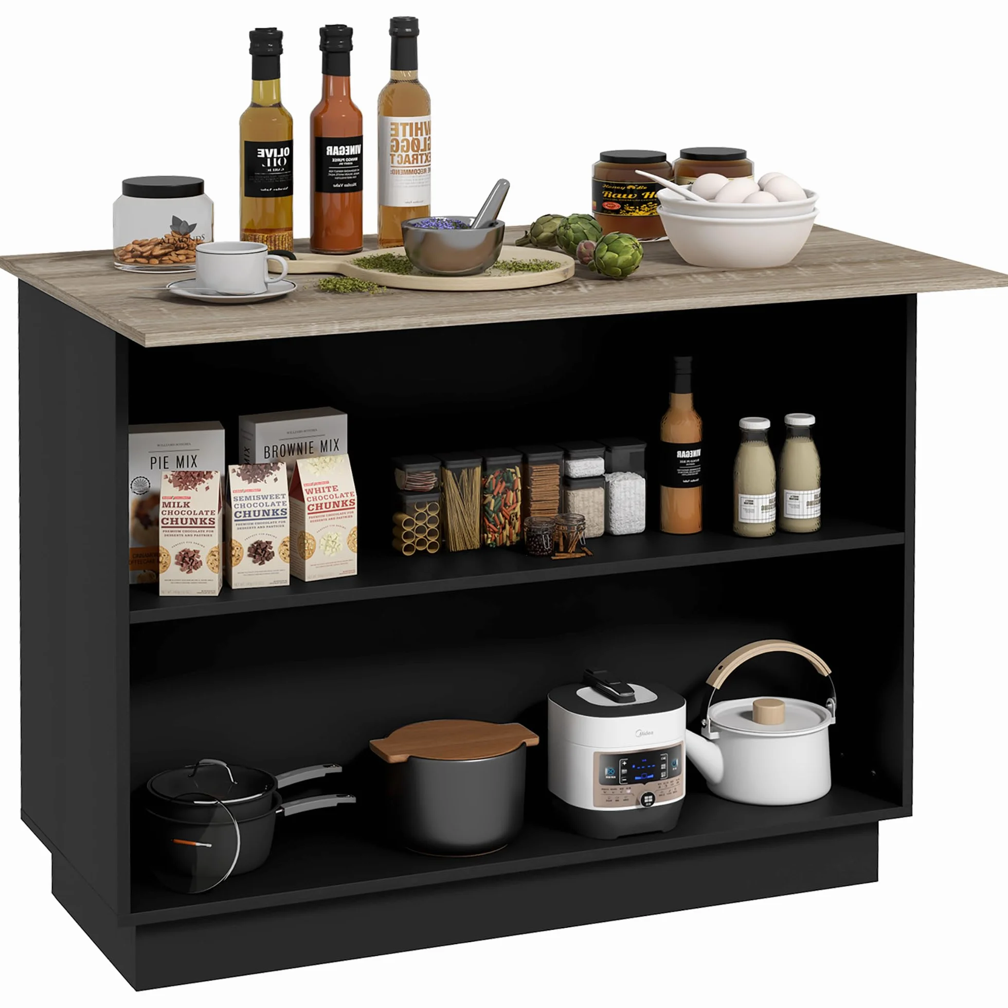 HOMCOM Isla de Cocina Mueble de Cocina con Estantes Ajustables 2 Estantes Abiertos y 2 Puertas Estilo Moderno Carga 100 kg 105x60x82 cm Negro y Roble