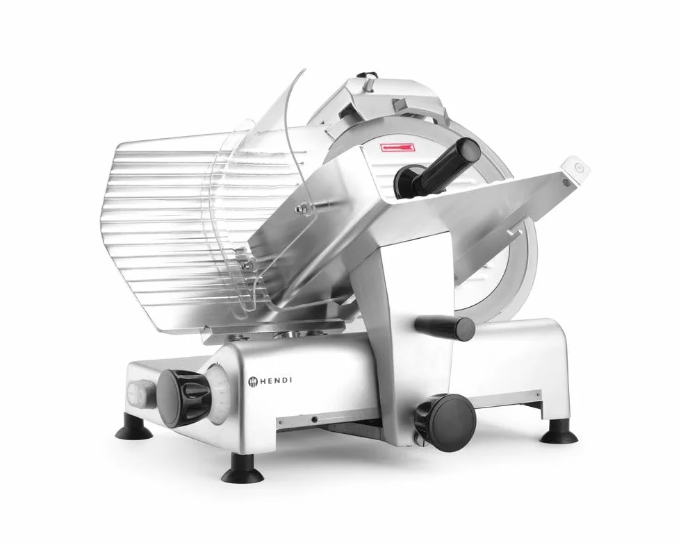 HENDI Cortadora eléctrica de carne, cortafiambres multiusos, Profi Line 300, Ø cuchilla: 300mm, espesor de corte (0-14mm), 220-240V, 420W, 602x573x(H)456mm, plateado, aluminio, acero inoxidable