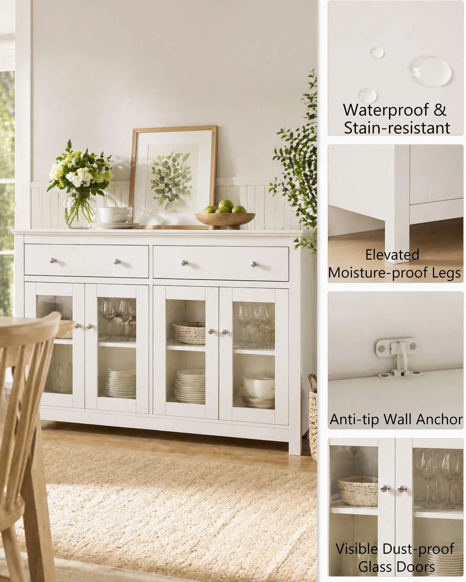 Aparador Blanco de Cocina, Mueble Auxiliar Moderno con Puertas de Vidrio y Alacena Grande con Cajones para Salón o Comedor 140x40x90.7cm