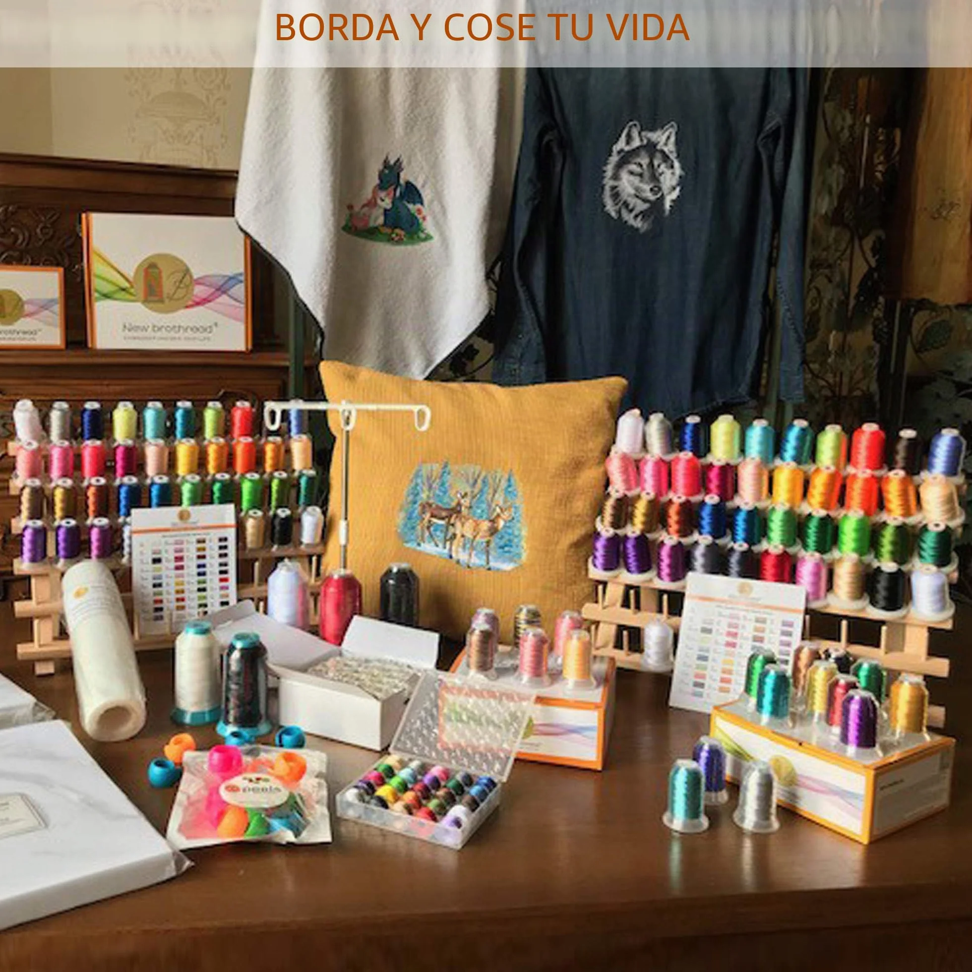 New brothread 4x60 Carretes Organizador de hilo de madera/estante de hilo con ganchos para colgar para bordar, acolchar y coser hilos