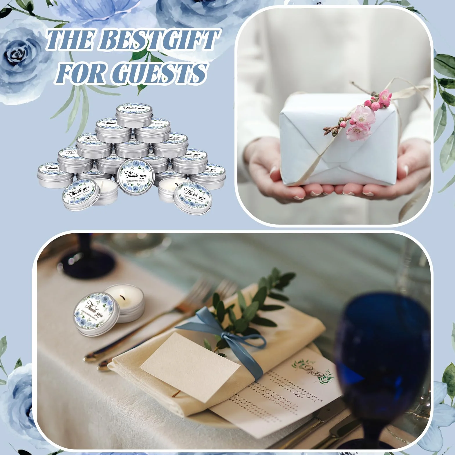 MTLEE 50 velas de boda, regalos para invitados, 1 onza, flores azules | Vela aromática de cera de soja con aroma a lavanda para despedida de soltera, regalos de fiesta de boda rústica, invitados
