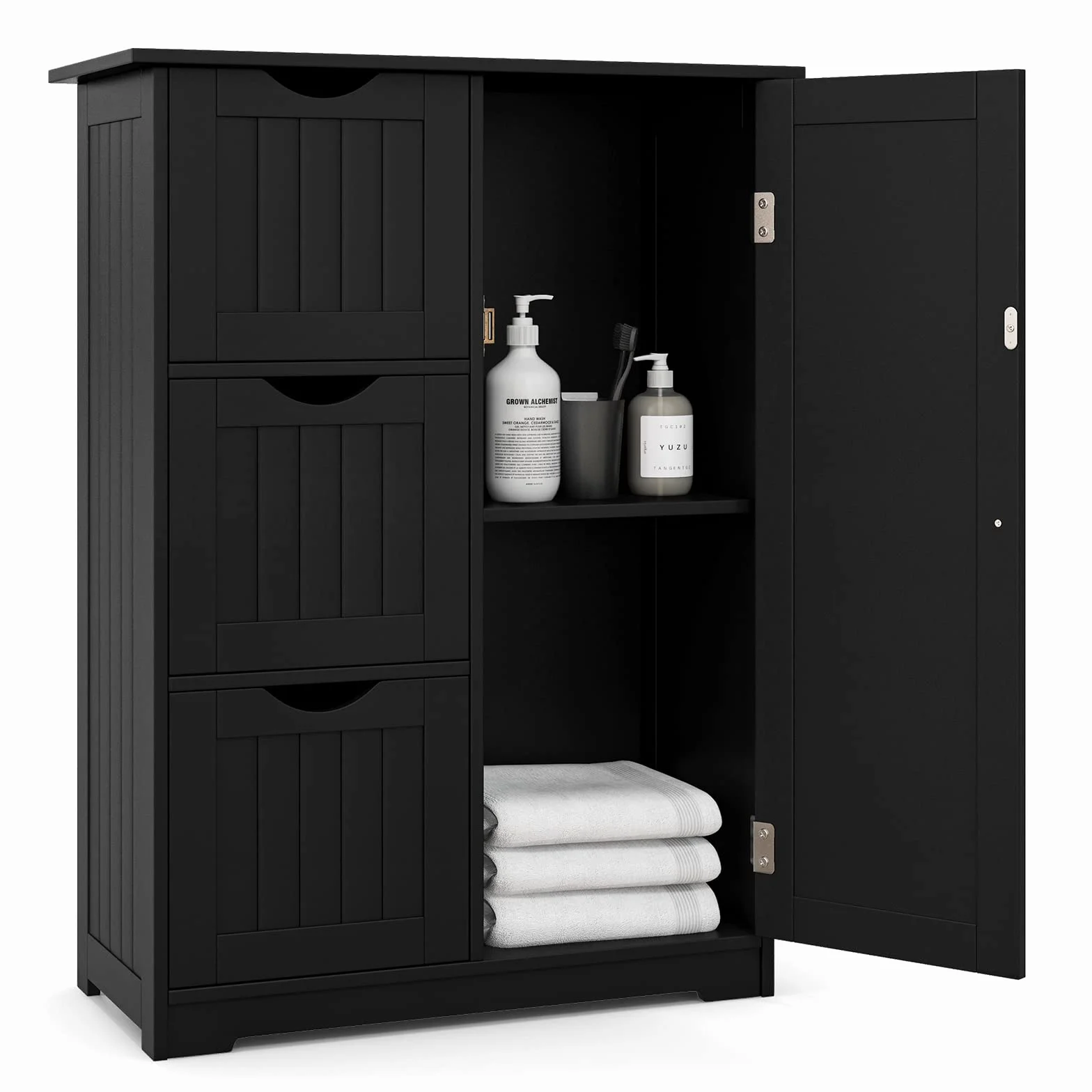 GOPLUS - Mueble de baño con 3 cajones, armario de almacenamiento con puerta magnética, antirrobos y estante ajustable, 58 x 28 x 81 cm, color negro