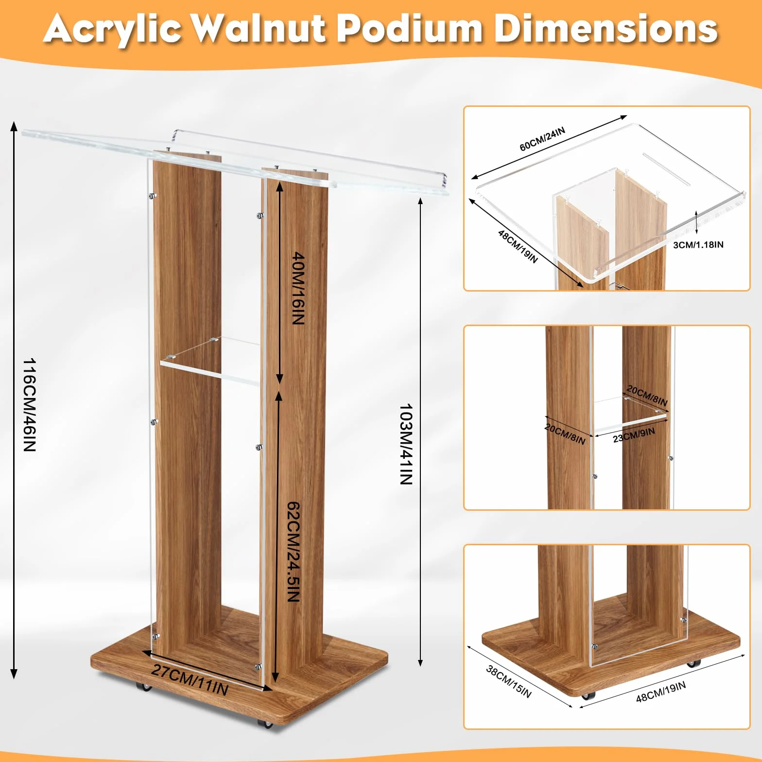 Afitdon Pódium de Madera de Acrílico, Púlpito de Acrílico Transparente con Estante de Almacenamiento, Púlpito de Iglesia con Plataforma de Lectura Amplia y Reforzada, Pódium Estable para Iglesia