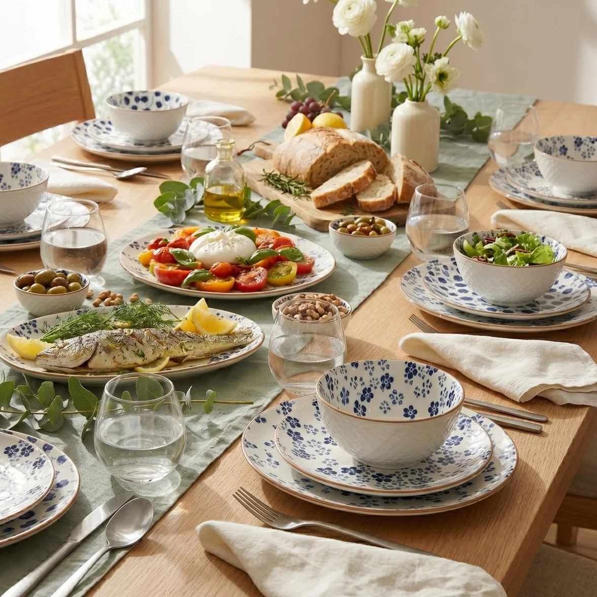 Cookinglife Juego de vajilla Fleuris de 18 piezas/6 personas, 6 platos llanos, 6 platos de desayuno y 6 cuencos