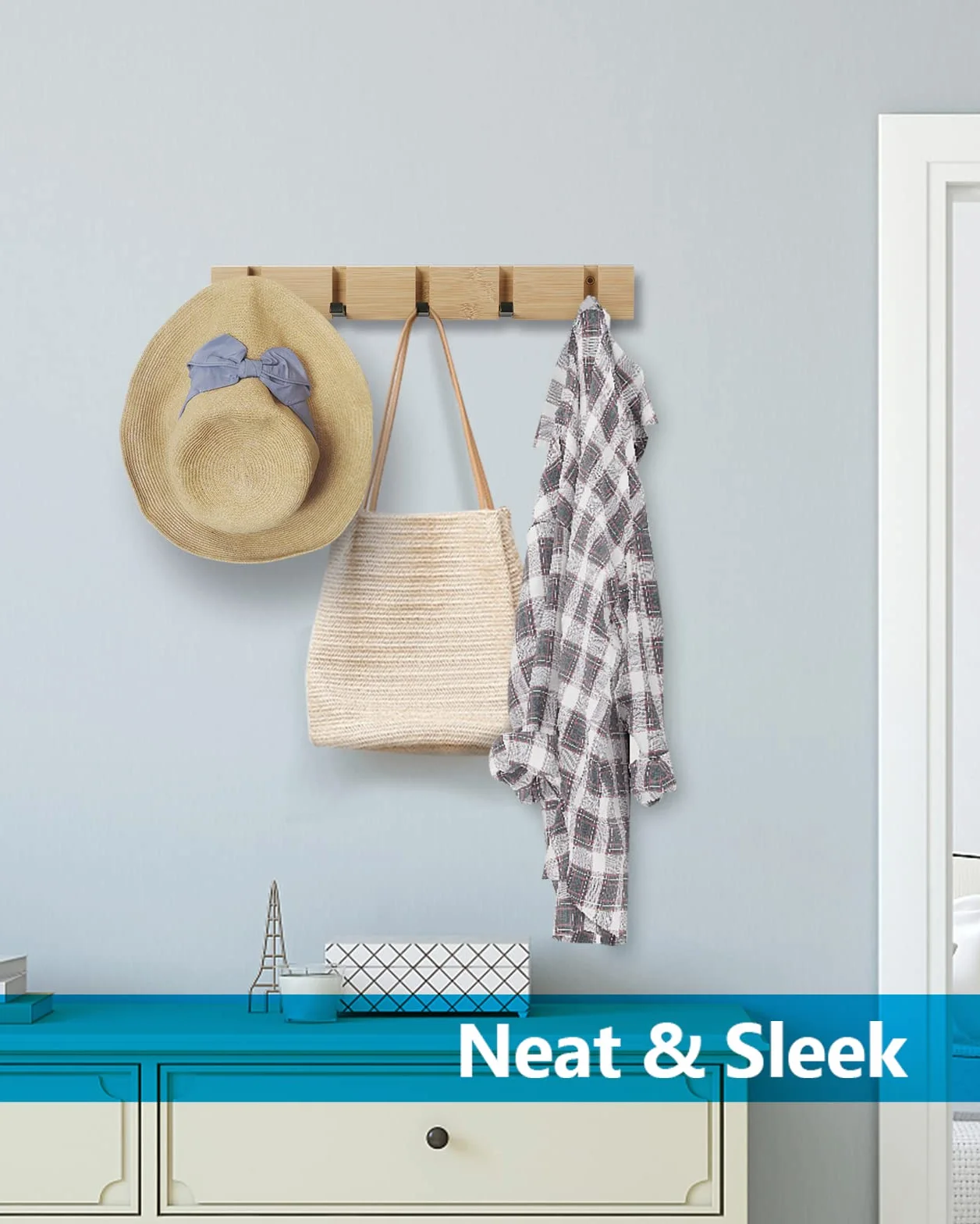JSVER Perchero de Pared Plegable 5 Ganchos para Colgar Abrigos, Bufandas y Más - Natural