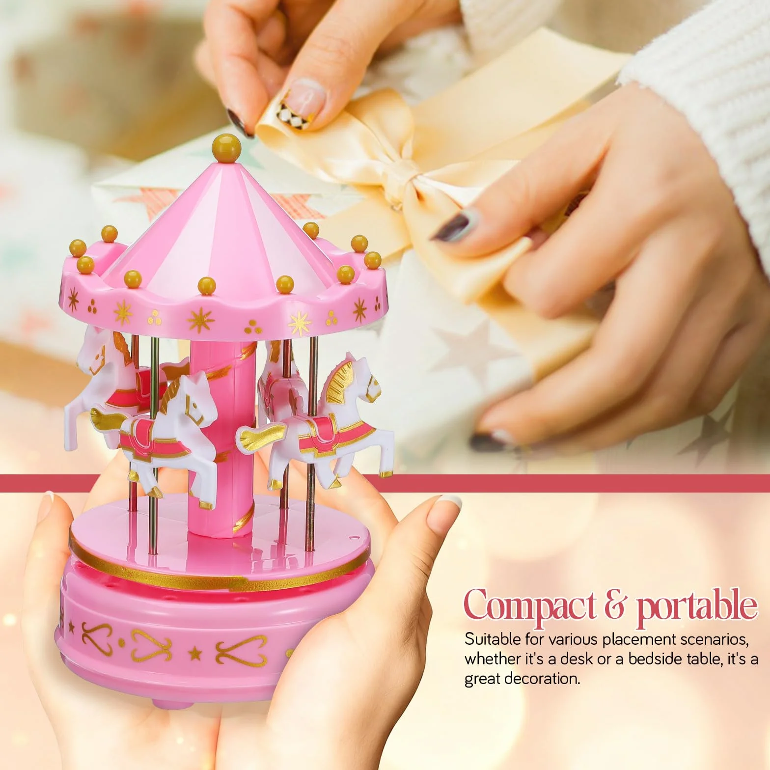 Holibanna Caja de Música y Artesanía Exquisita de Carrusel Rosa Portátil y Fácil de Operar Diseño Romántico para Obsequio en Navidad y Año