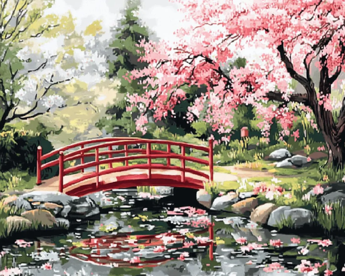 Taxpy Diy Cuentas Para Bordar Paisaje Con Puente Japonés Y Árboles En Flor Kit De Bordado De Cuentas, Manualidades, Patrón De Abalorios, Kits De Costura, Decoración Del Hogar 40x50cm