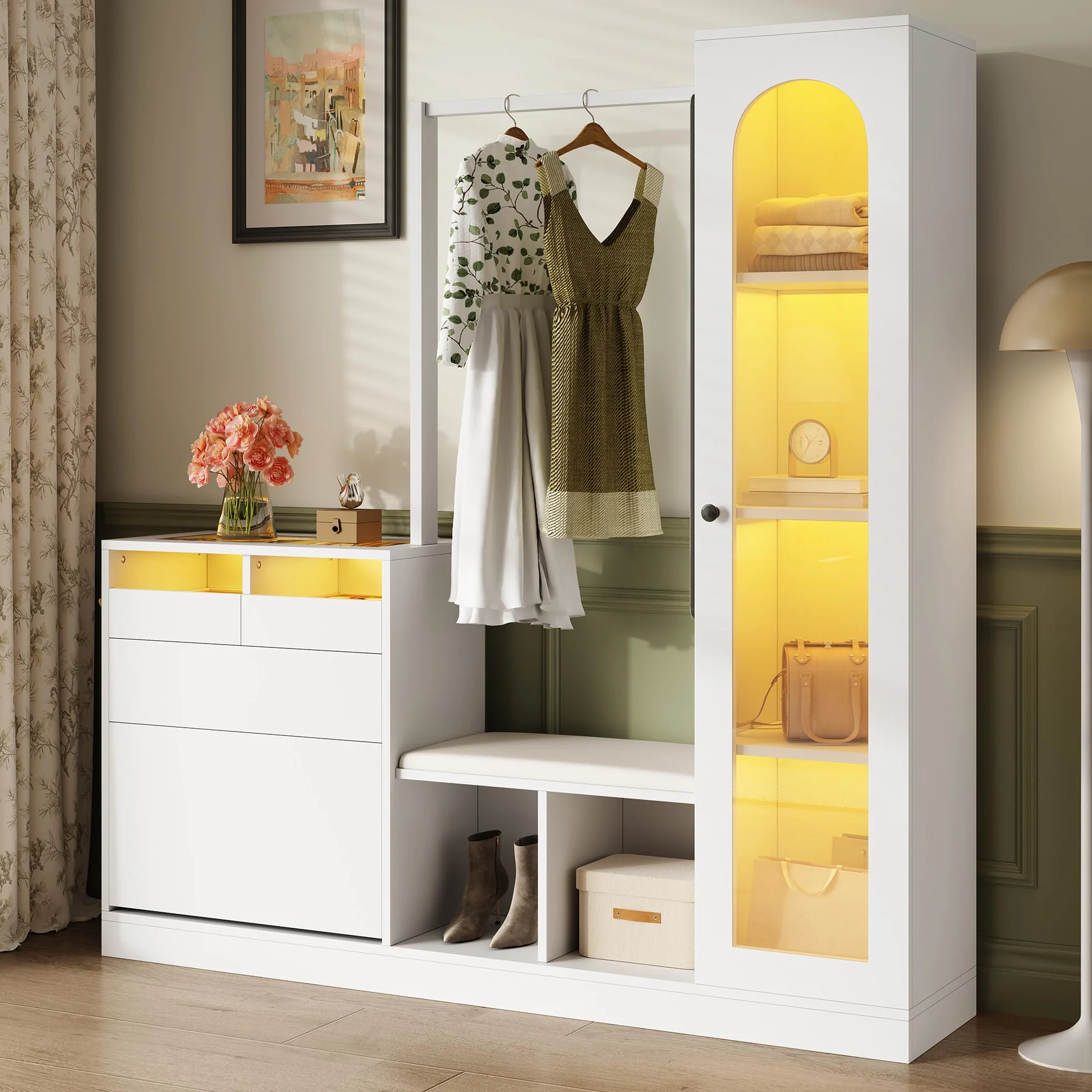 LAKFEW 6 en 1 Juego de Perchero, Perchero Entrada Recibidor con Espejo y Luz LED, Mueble Recibidor con 3 Cajones y 2 Puertas, Conjunto de Mueble Entrada Recibidor Percheros, 163x35x161 cm, Blanco