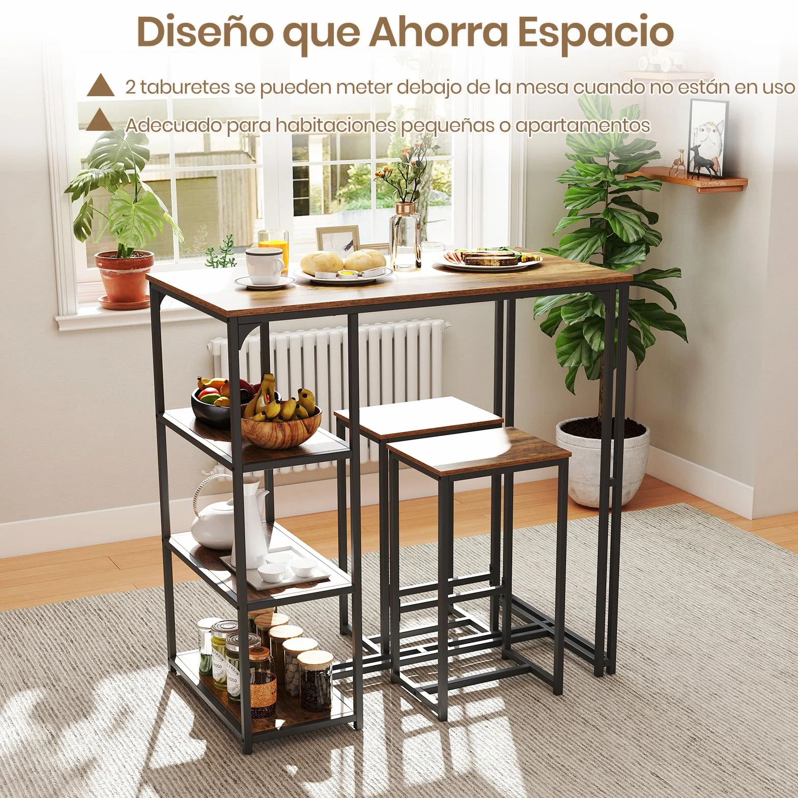 COSTWAY Juego de Mesa y Taburetes de Bar, 110x60x110 cm, Mesa Alta de Cocina con 2 Taburetes, 3 Estantes, Marco de Metal, Marrón