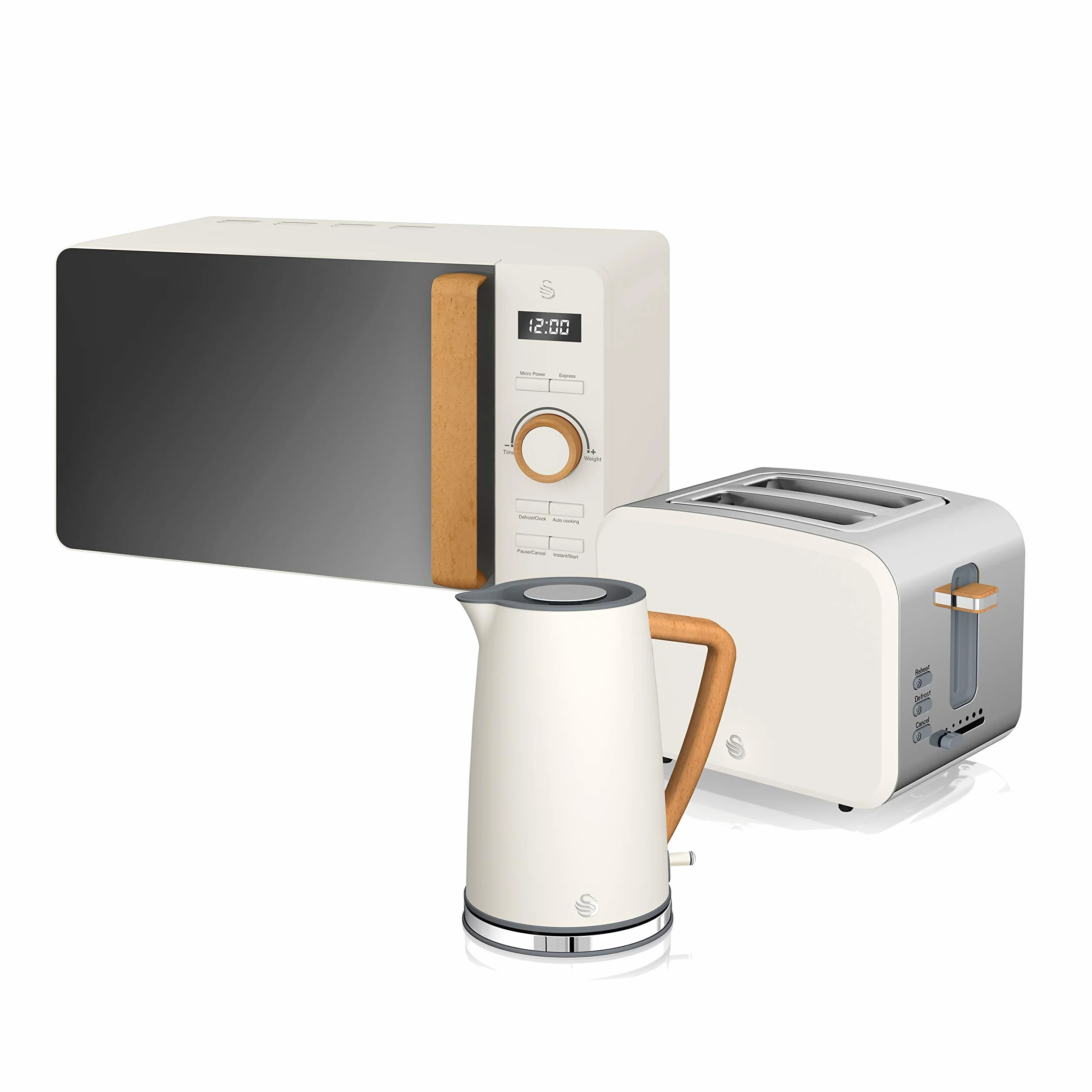 Swan Nordic Set Desayuno Hervidor de agua 1,7L 2200W, Tostadora Pan ranura ancha 2 rebanadas, Microondas 20L digital, diseño moderno, efecto madera, blanco