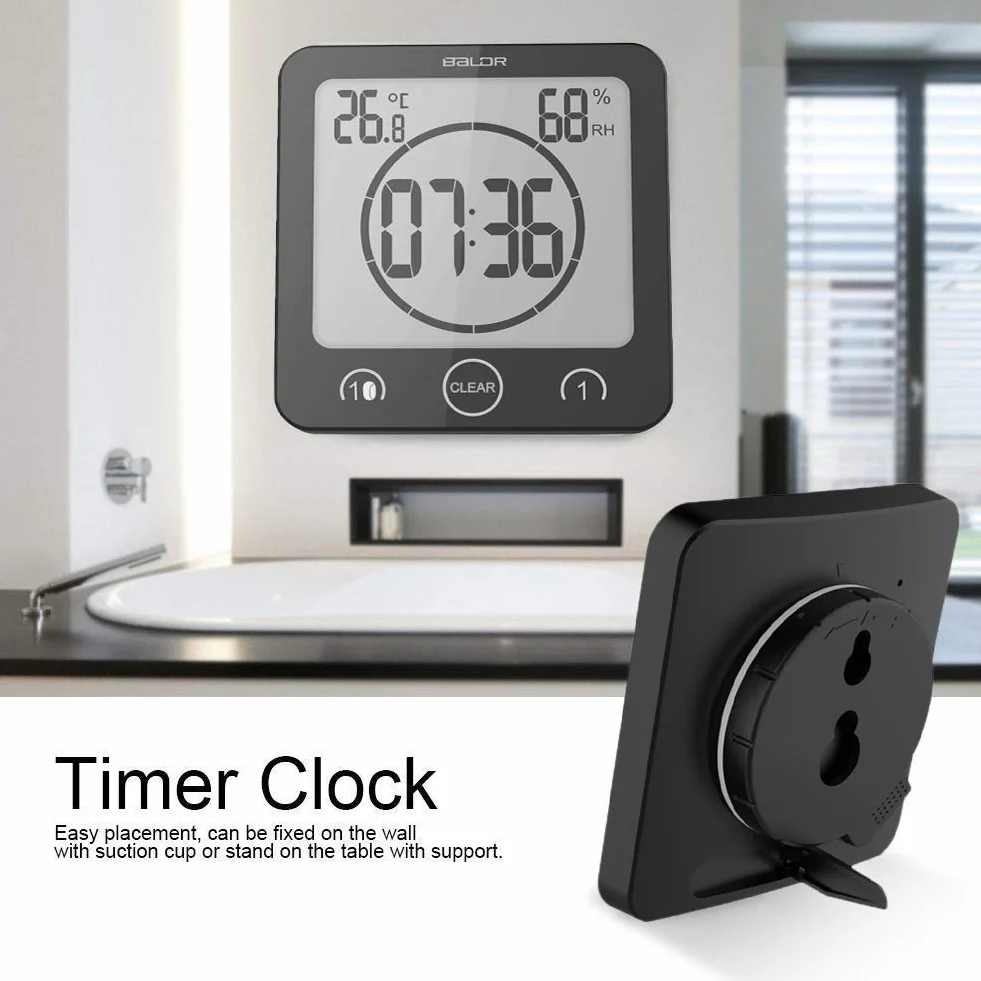LCD Digital Ducha Reloj Impermeable Temporizador Temperatura Humedad Pared Cocina (Negra)