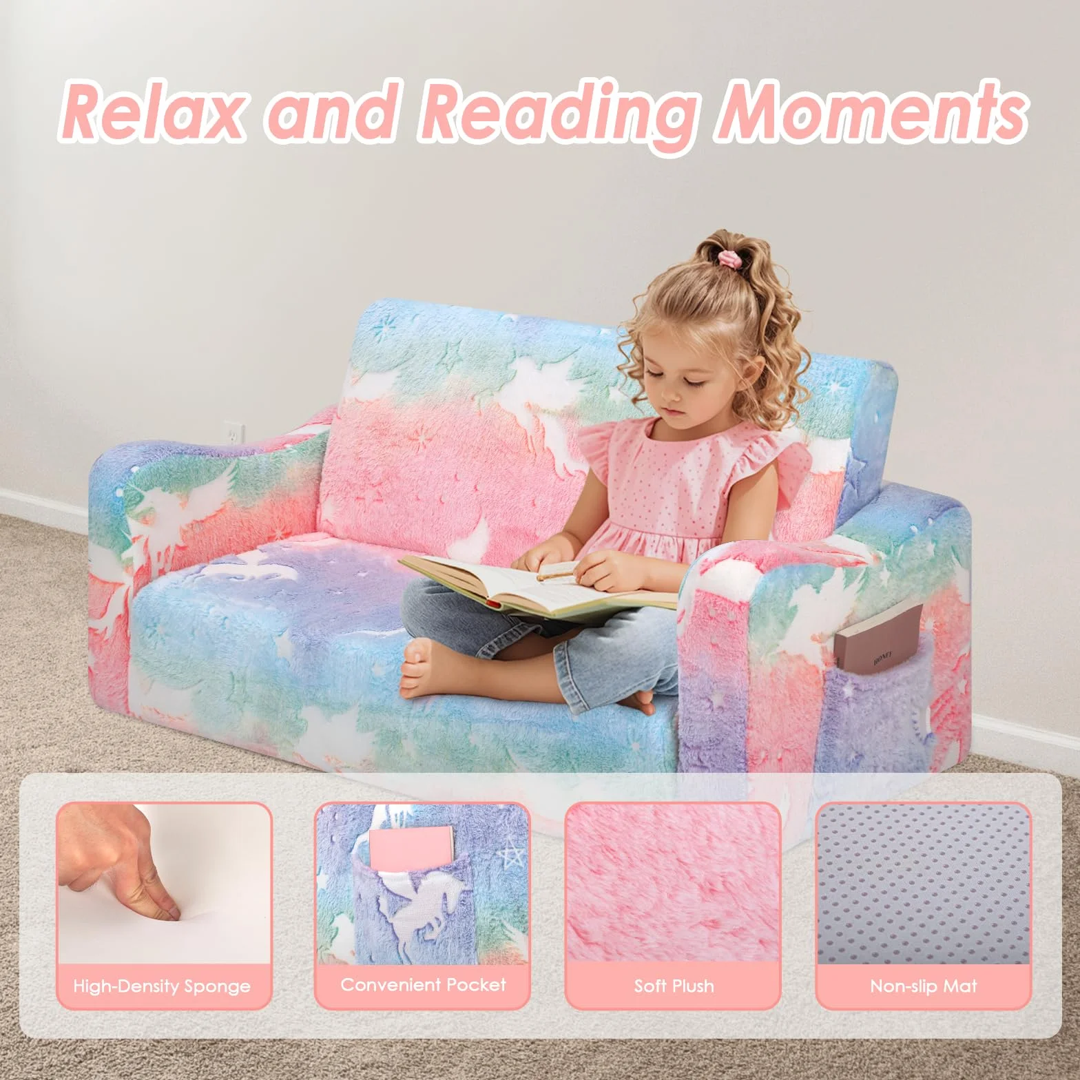 Convertible Sofa para Niños 2 en 1, Plegable Sofa Infantil Brilla en la Oscuridad para Niñas y Niños, Estable Silla Niño 2 Plazas para Dormitorio Sala de Juegos,Unicornios