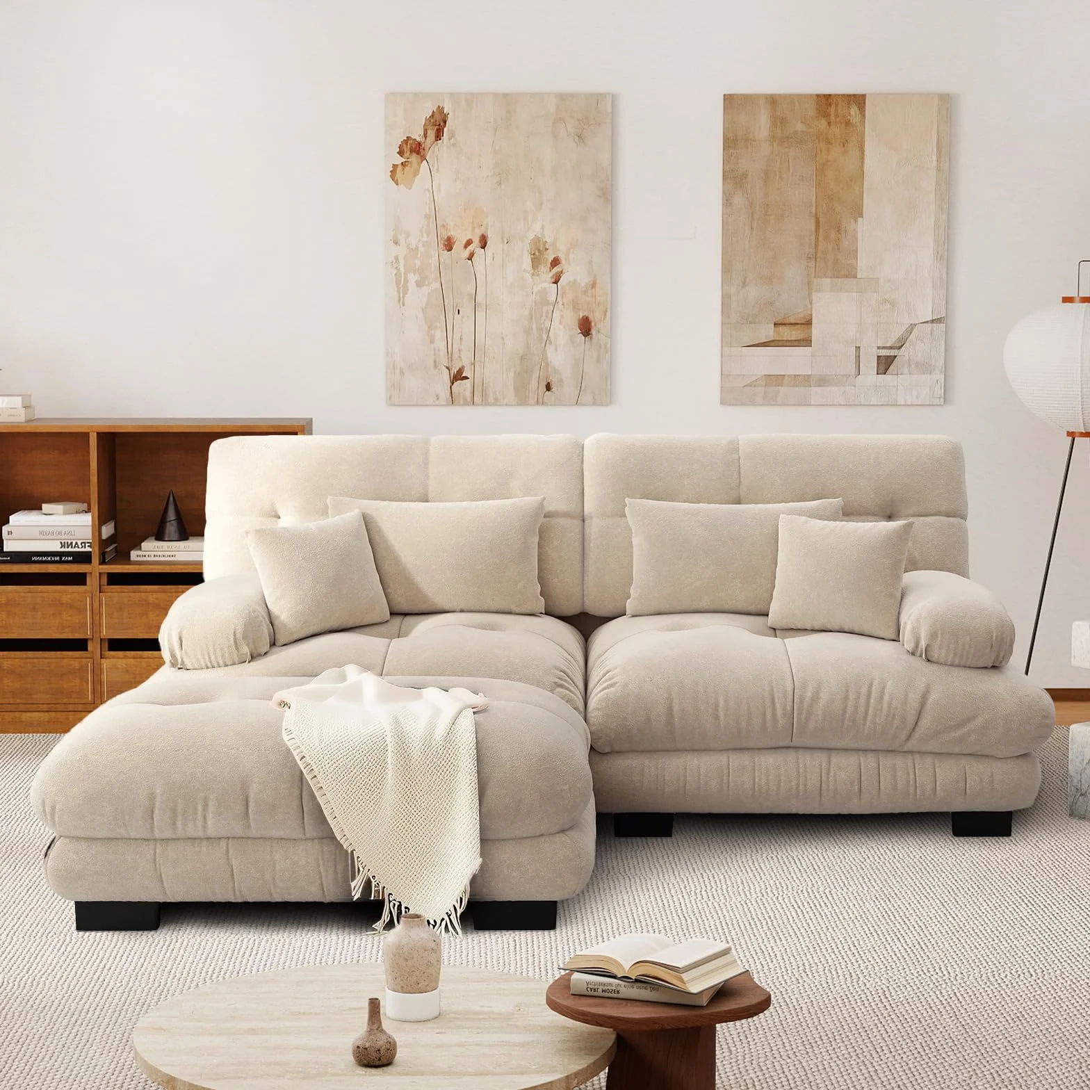 SoarFlash Sofá L Modular de 2 plazas para salón Moderno, sofá Nube de Tela Chenille con reposabrazos, marrón Claro, 145×220cm