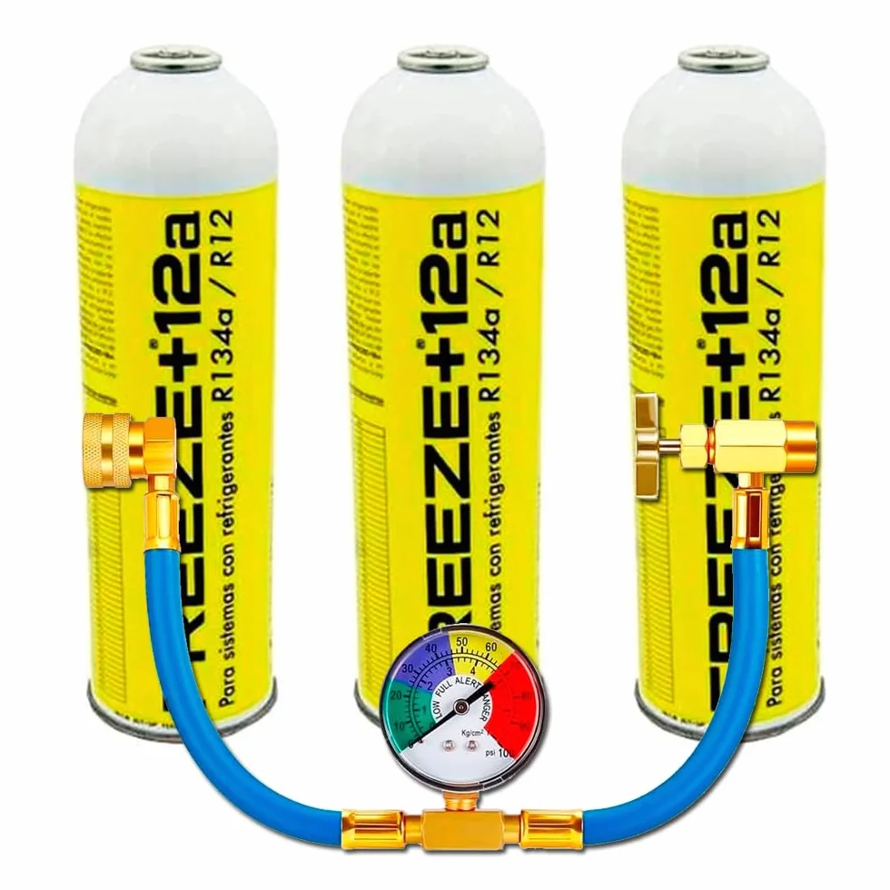 Genérico Gas Aire Acondicionado para Coche. 3 Botellas Gas Refrigerante Freeze Organico +12a de 420Gr Sustituto R134a / R12 + Manguera de Carga con manómetro Control de Carga.