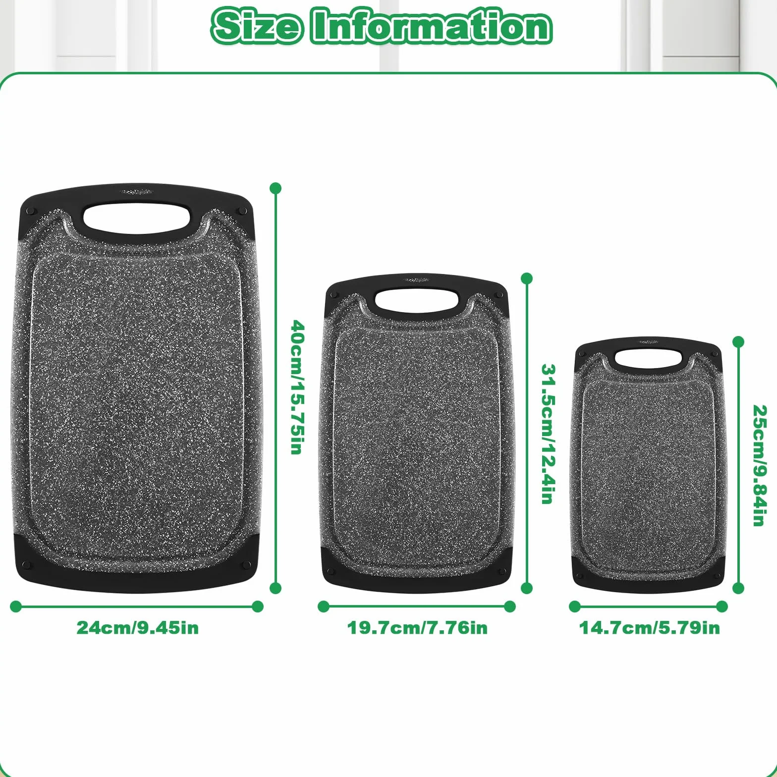 Tabla Cortar con Ranura Jugos Plástico Antideslizante 3 Piezas Accesorio Cocina para Verduras Carne Frutas Negro