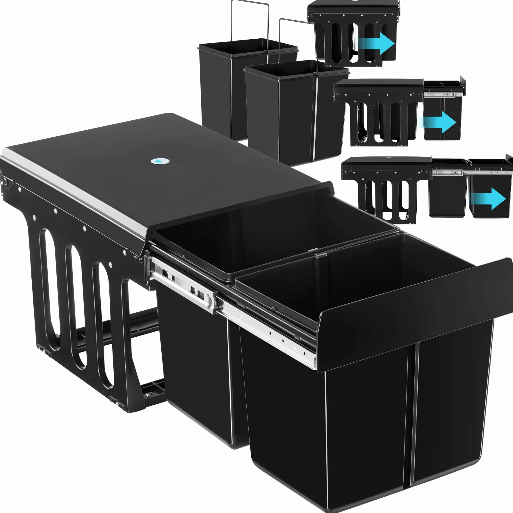 tectake® Cubo de Basura Extraíble, Triple, 30L, Papelera Cocina con Guías Telescópicas, 2 Contenedores Separados para Reciclaje, Cubo Basura Cocina, Fácil Montaje, Material Resistente - 2x 15L