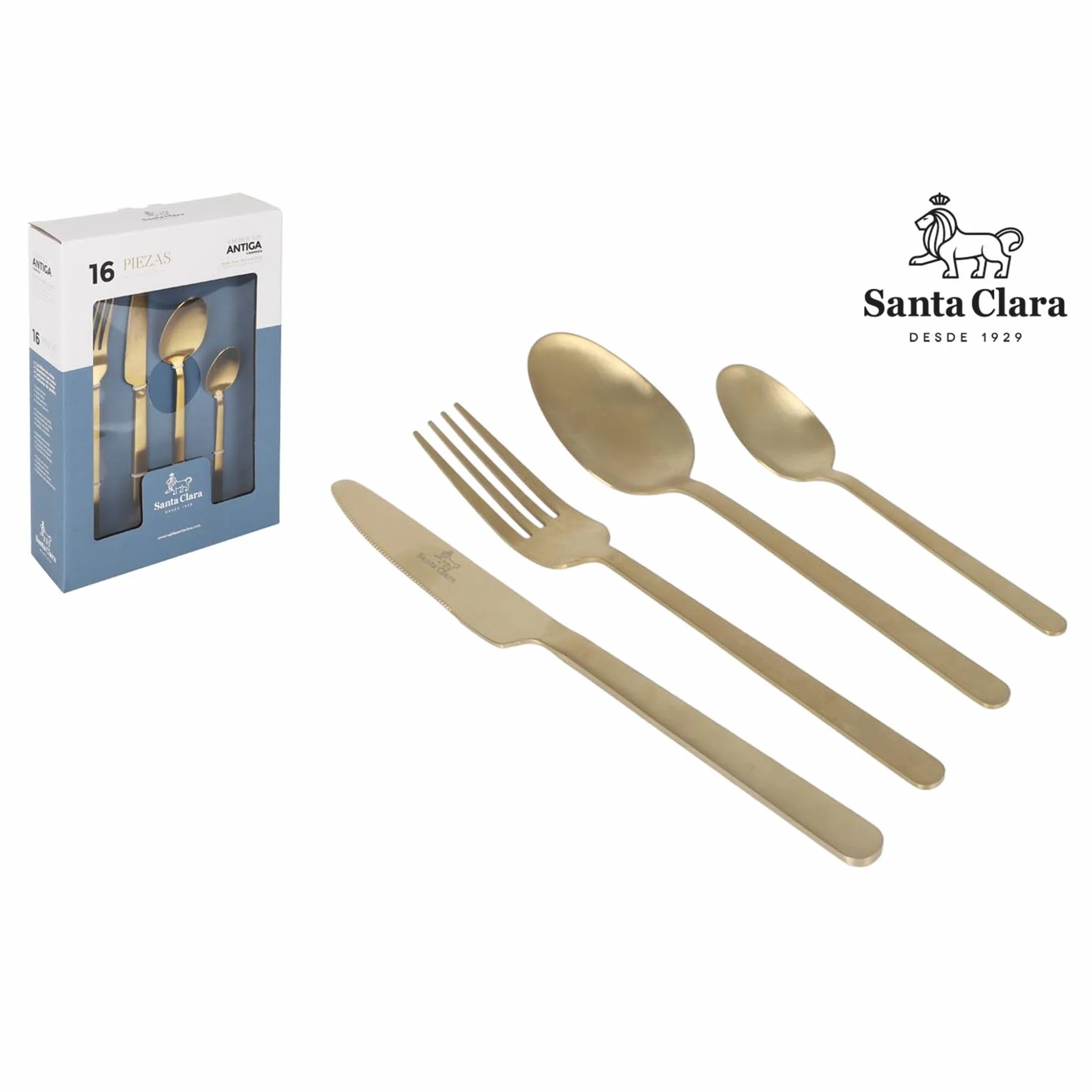 SANTA CLARA | Cubertería completa 16 piezas de acero inoxidable acabado champán PVD, juego de cubiertos con cuchillo, tenedor, cuchara y cucharilla de postre, servicio para 4 personas, modelo Antiga