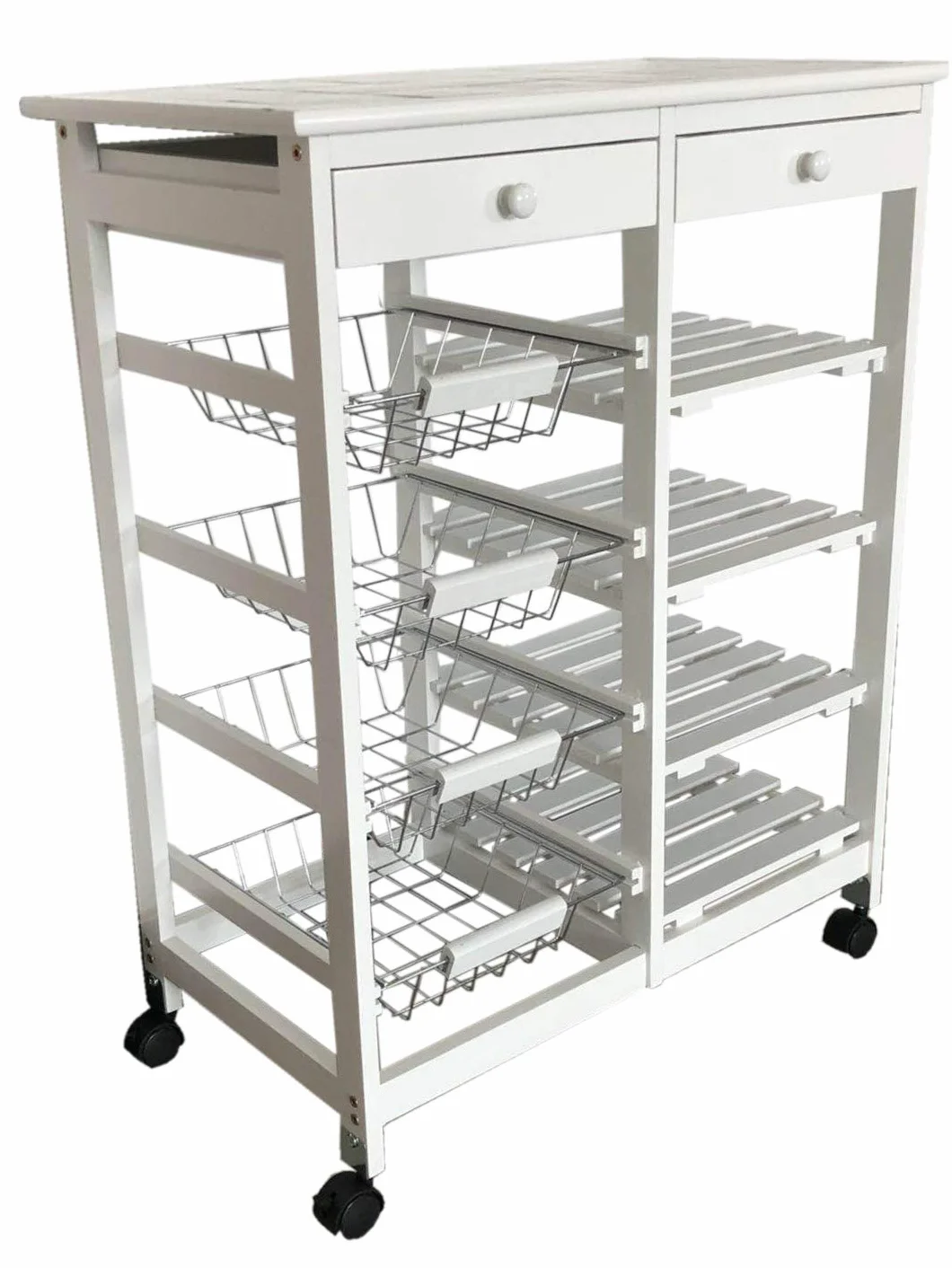 Carro DE Cocina con Ruedas, VERDULERO FRUTERO Doble, 4 CESTAS 4 BALDAS Y 2 CAJONES Color Blanco