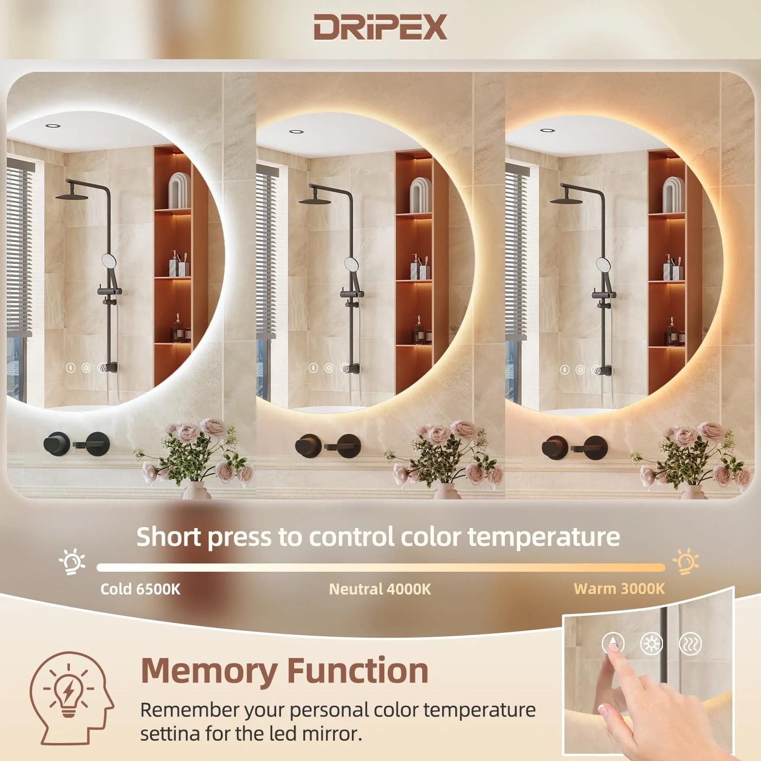 Dripex Espejo Baño con Luz LED, Redondo 70cm Baño Iluminado con 3 Colores de Luz Regulable, Función Antivaho, Vidrio HD con Protección Antiexplosiva, Interruptor táctil,IP44 Impermeable