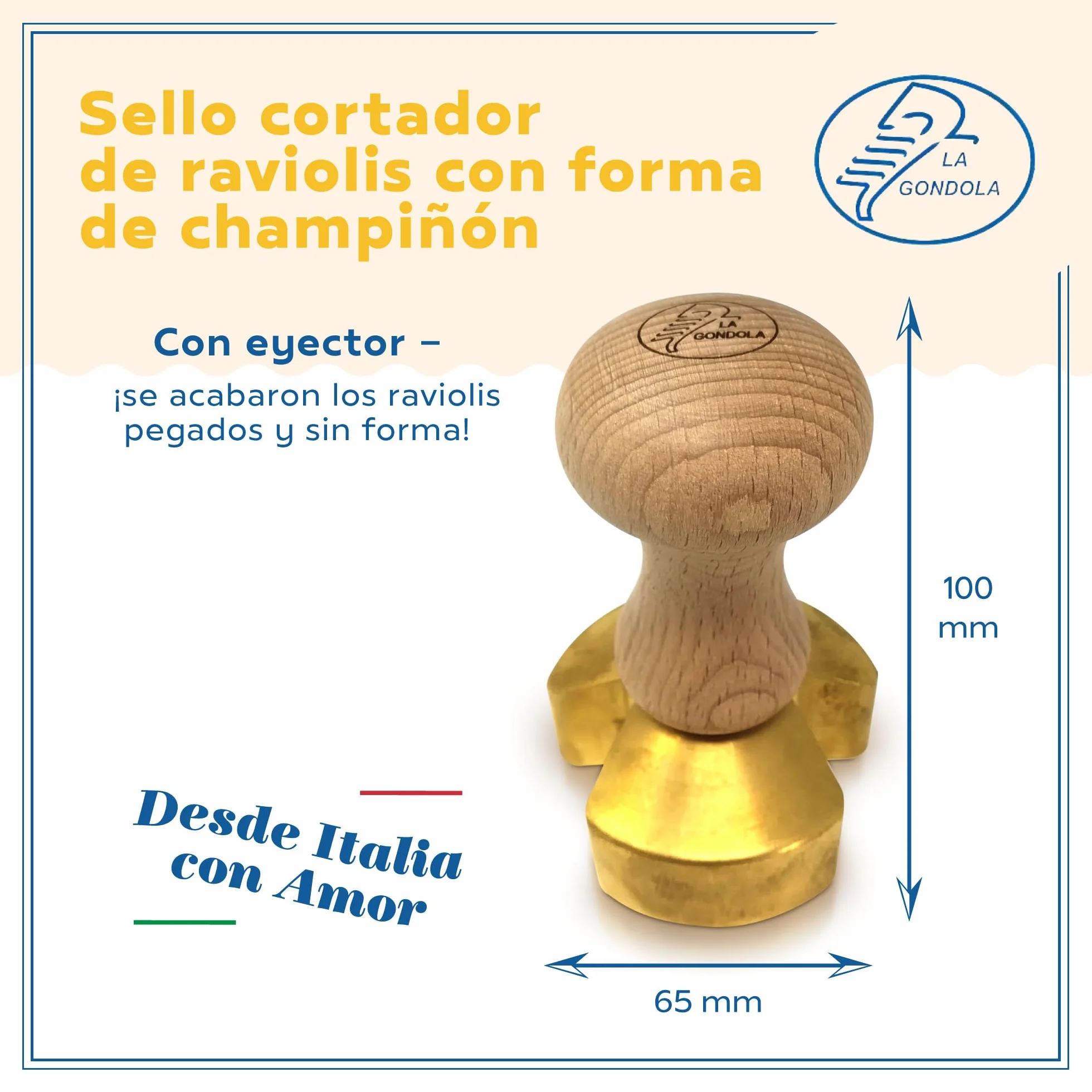 La Gondola Cortador de Raviolis Caseros - Forma de Champiñón 65 mm | Cortapastas de Latón y Madera Natural | Cortador de Pasta Robusto y Fácil de Usar | Utensilios para Pasta Fresca Hechos en Italia