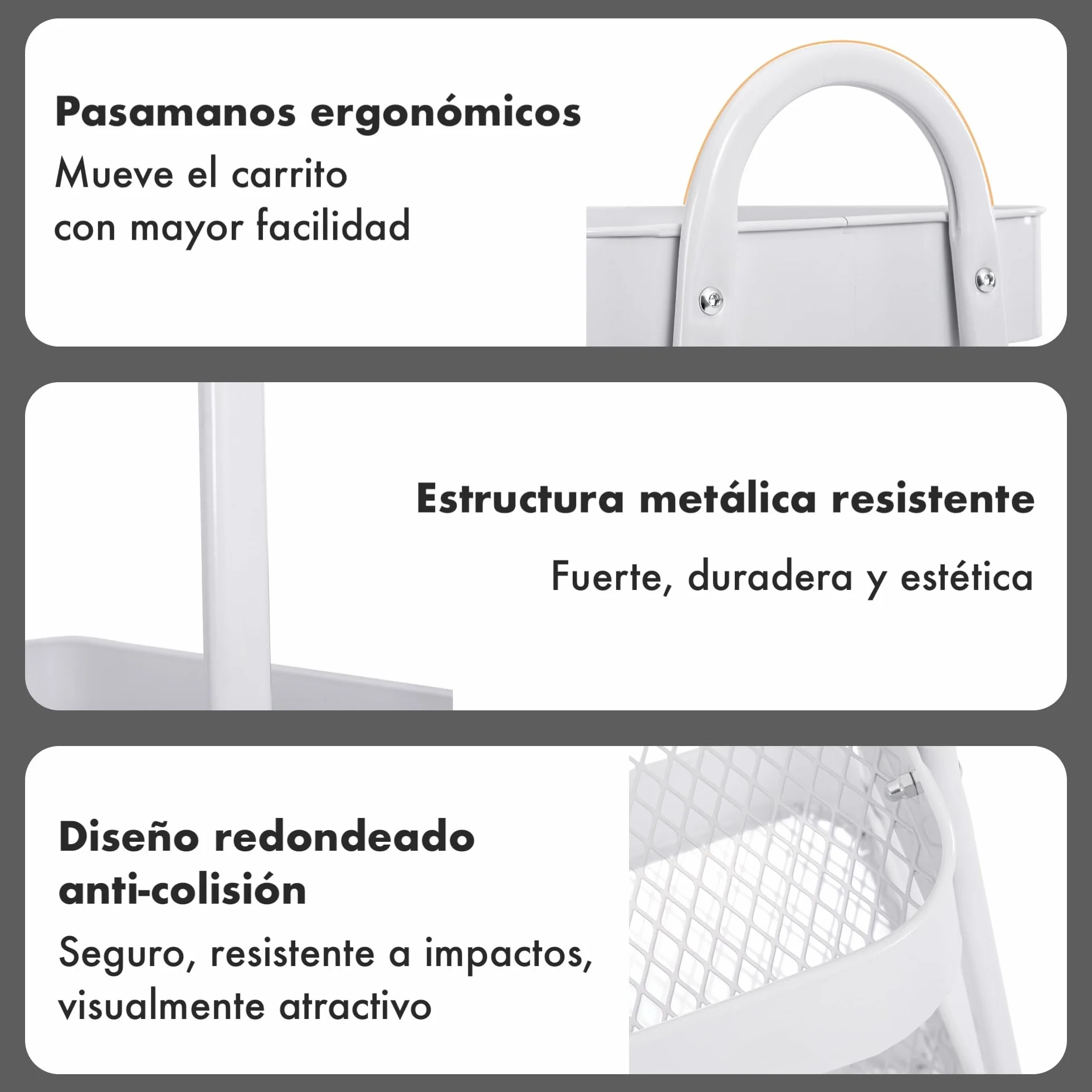 Carro de Cocina Metálico con Ruedas Carrito Auxiliar Multiuso 3 Cajones Almacenamiento Blanco