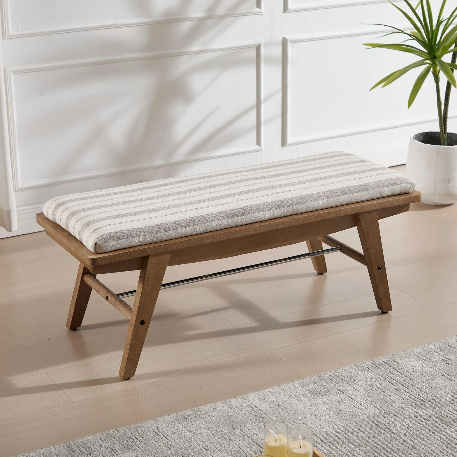 chairus Banco Largo de Madera Bancos de Entrada Estilo Retro, Banqueta para Zapatos Acolchada Banco para Pies de Cama Estilo Rústico para Salón/Dormitorio, Estampado Rayas