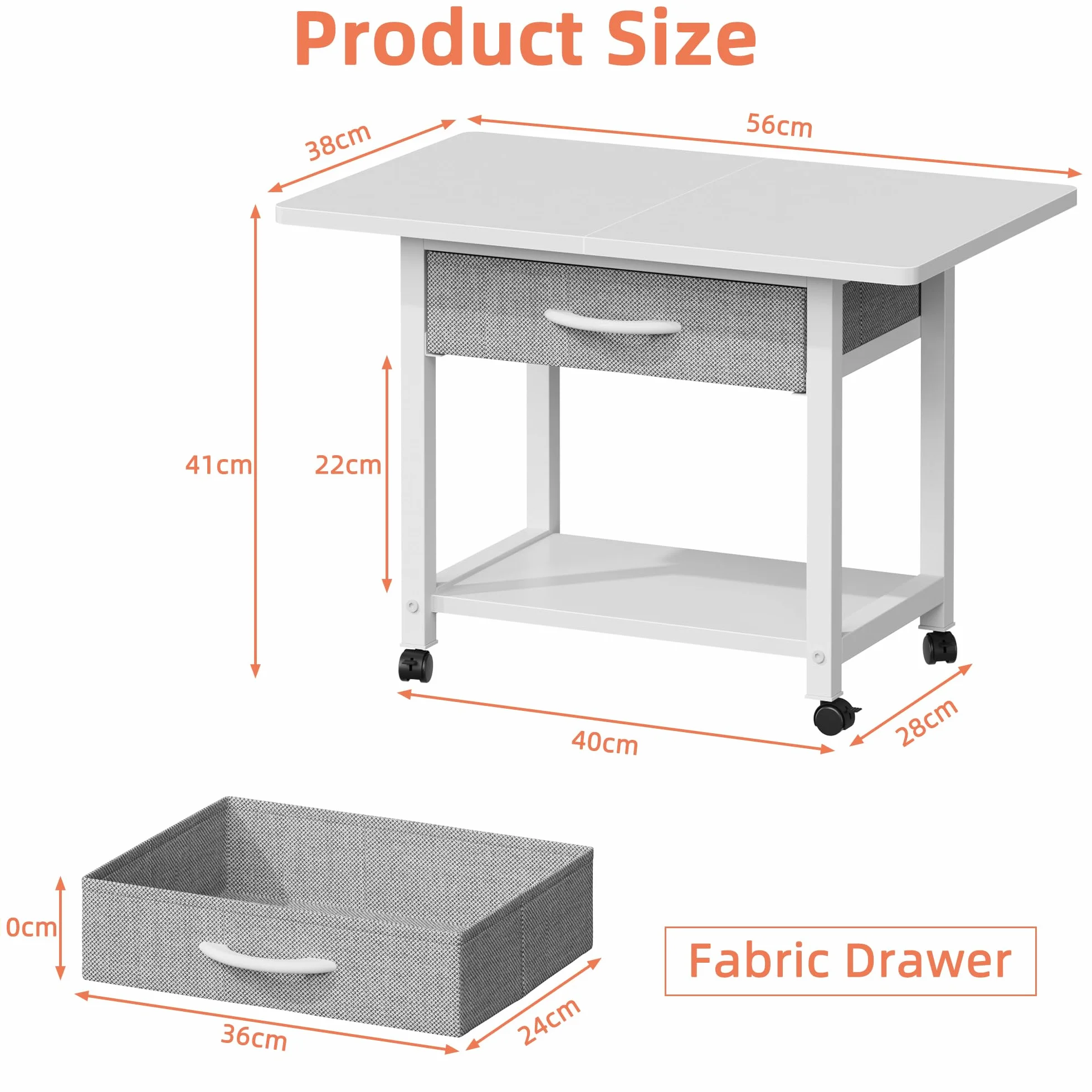Mesa para Impresora con Ruedas 2 Niveles con Cajón, Estantería de Oficina Blanco