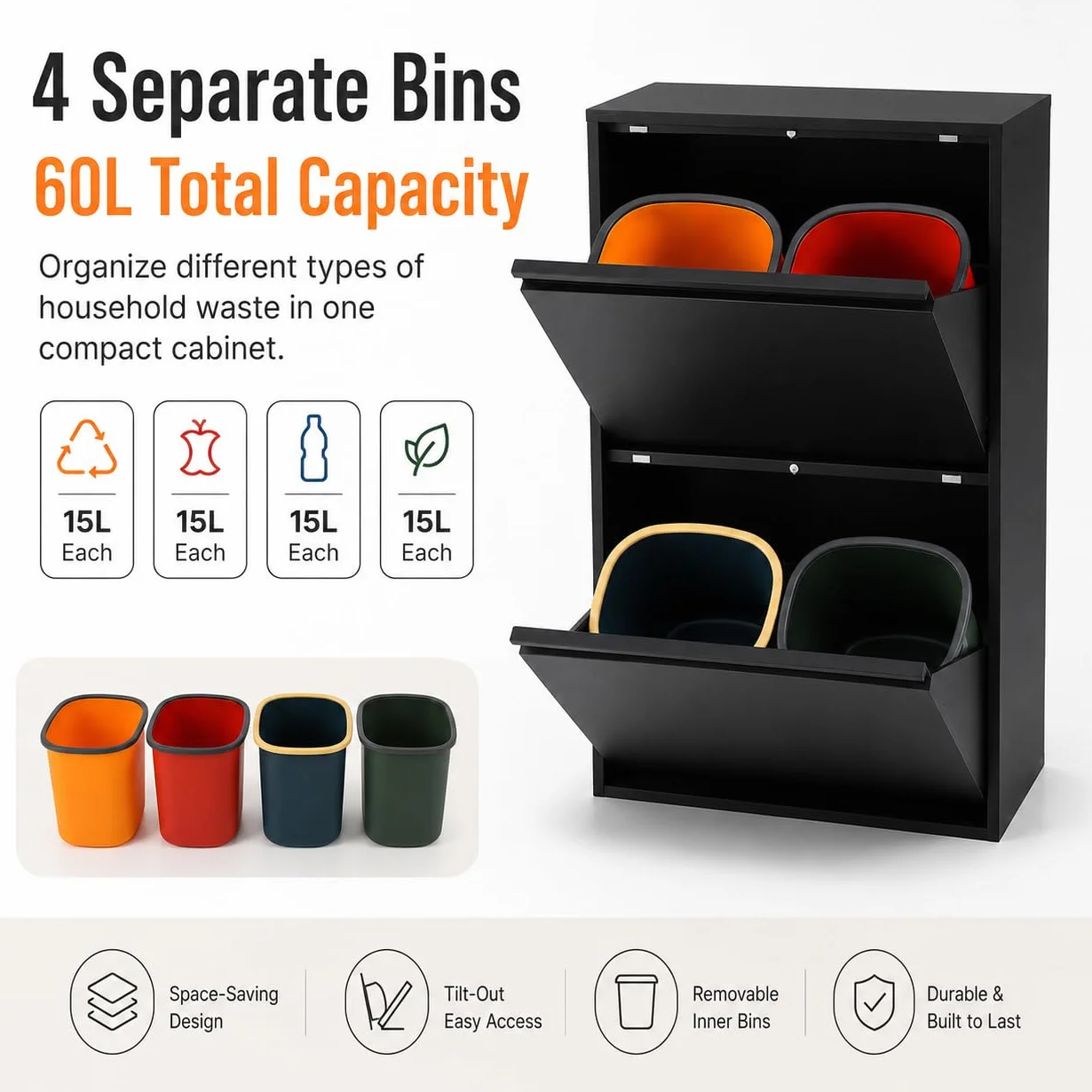Sistema de separación de basura, 4 recipientes de 15 l, cubo de basura de cocina con armario (negro) | 56 x 24,5 x 91 cm, acero laminado en frío, 4 recipientes de 15 l, montaje en pared, para cocina, oficina, comercio