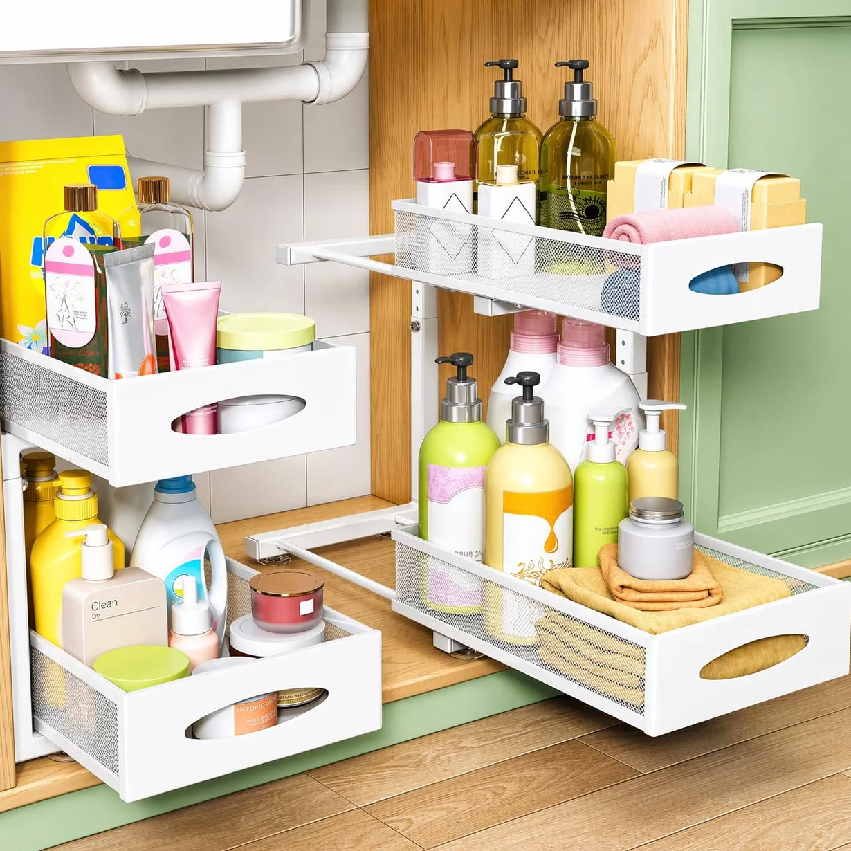 MARFRAND Organizador Bajo Fregadero. Organizador Armario Cocina. Bandeja Extraible Armario. Con accesorios anti vuelco. Incluye Colgador para Esponja de Cocina para Fregadero.