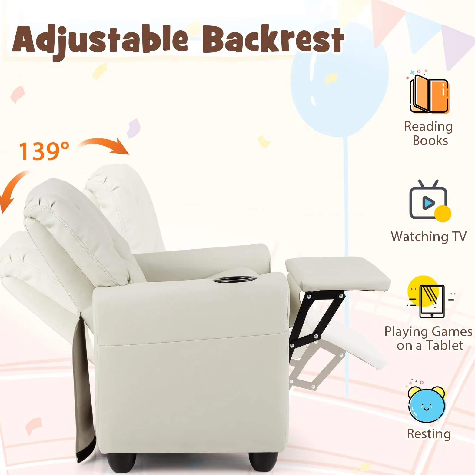 LIFEZEAL Sofá infantil, sillón infantil con función reclinable, sillón relax 2 en 1 para niños, sofá infantil con reposapiés ajustable y soporte para bebidas, sofá pequeño para habitación infantil