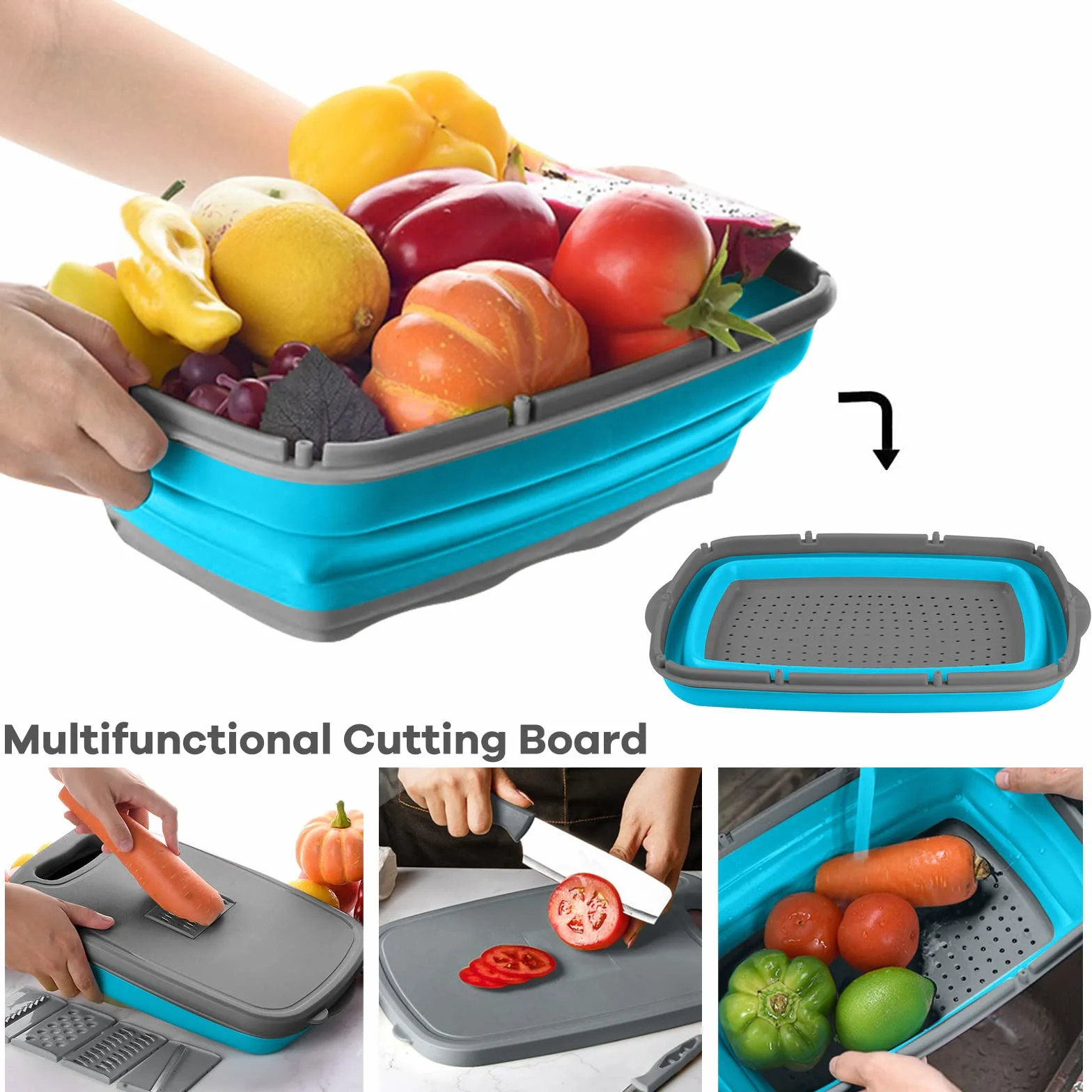 NINGER Tabla de cortar multifunción 9 en 1 plegable para cocina con cortadores y cuchillos